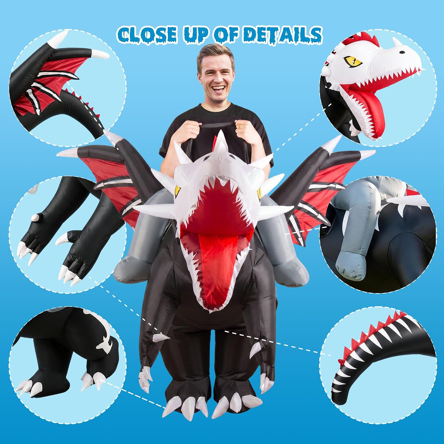 Detalle 1 de NovaFloat 01 Inflatable Riding Dinosaur Costume for Adults with Battery-Powered Fan
