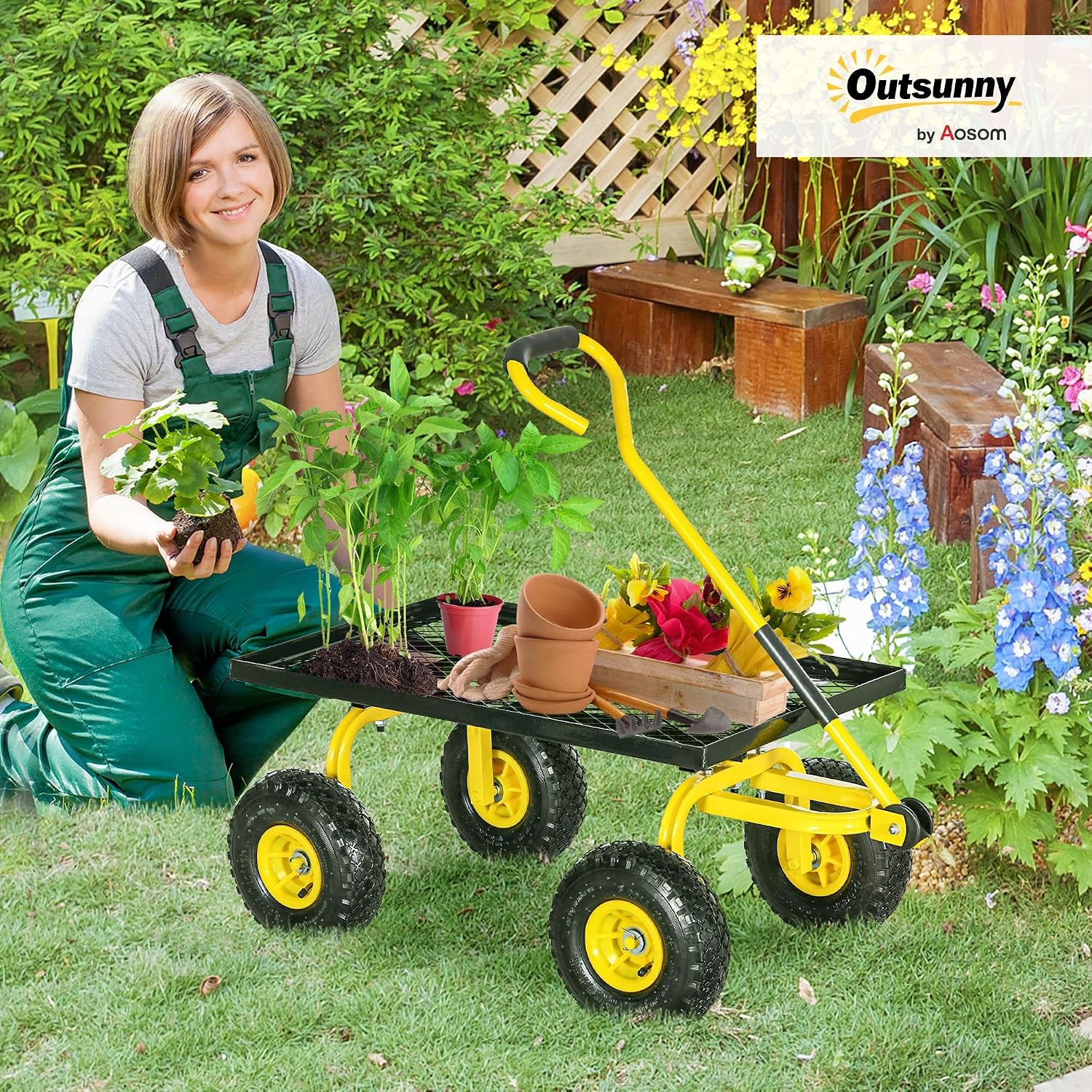 Detalle 2 de Outsunny B71-015V01YL Garden Trolley, 150kg Capacity, Pneumatic Wheels