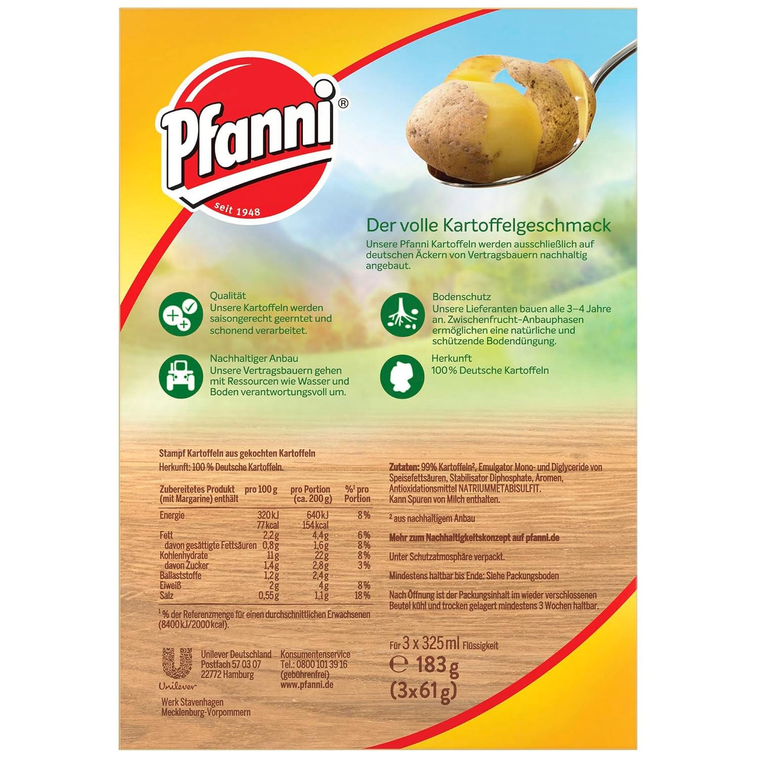 Detalle de Pfanni Stampf Kartoffeln 6x183 g – schnelles Stampfkartoffel-Gericht aus 100% deutschen Kartoffeln