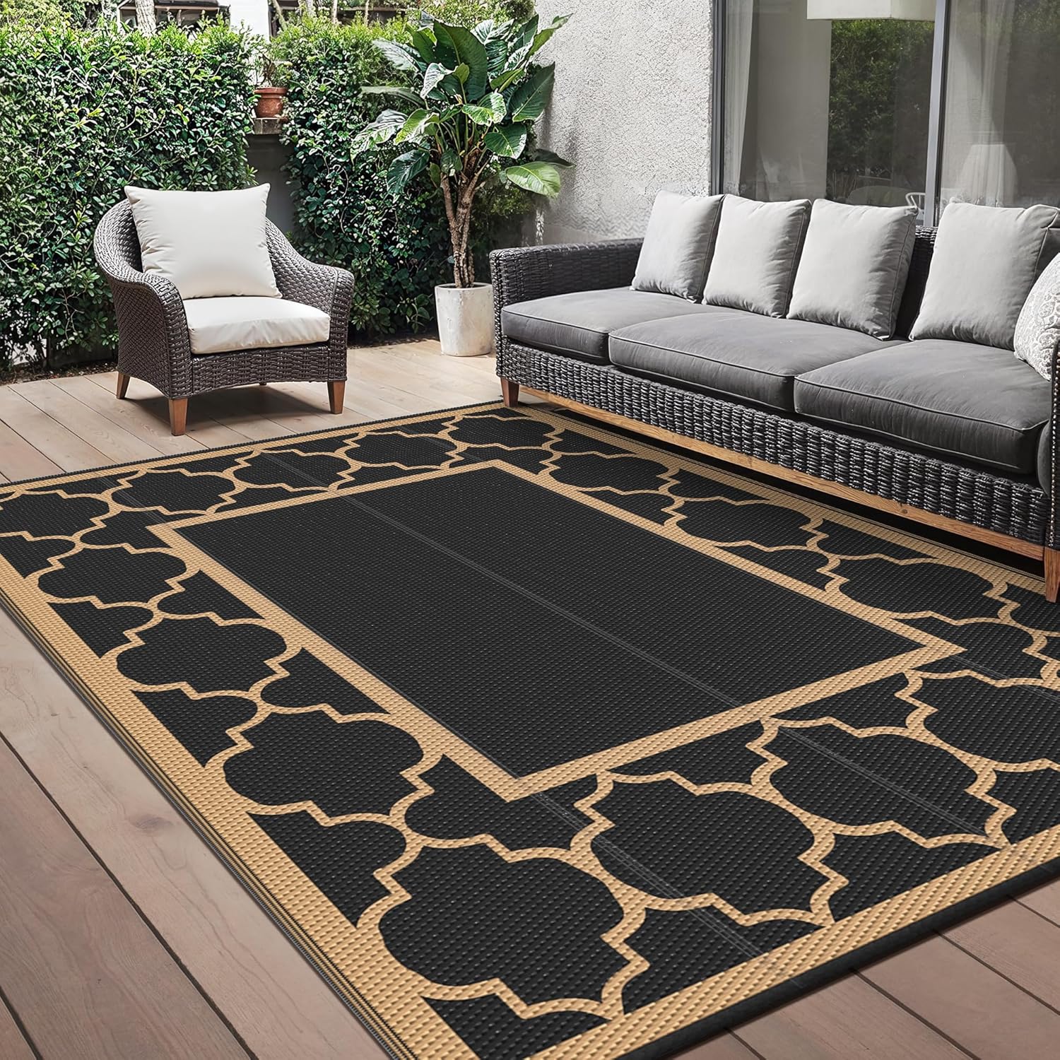 GENIMO Tapis Extérieur Resistant Pluie 275x365 cm – Noir & Brun, réversible et antidérapant