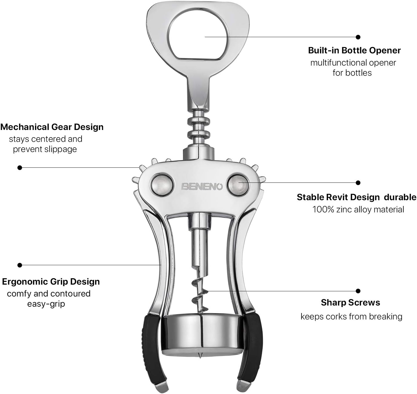 Thumbnail 4 de Beneno Wine Opener: Zinc Alloy Premium Wing Corkscrew with Built-In Bottle Opener