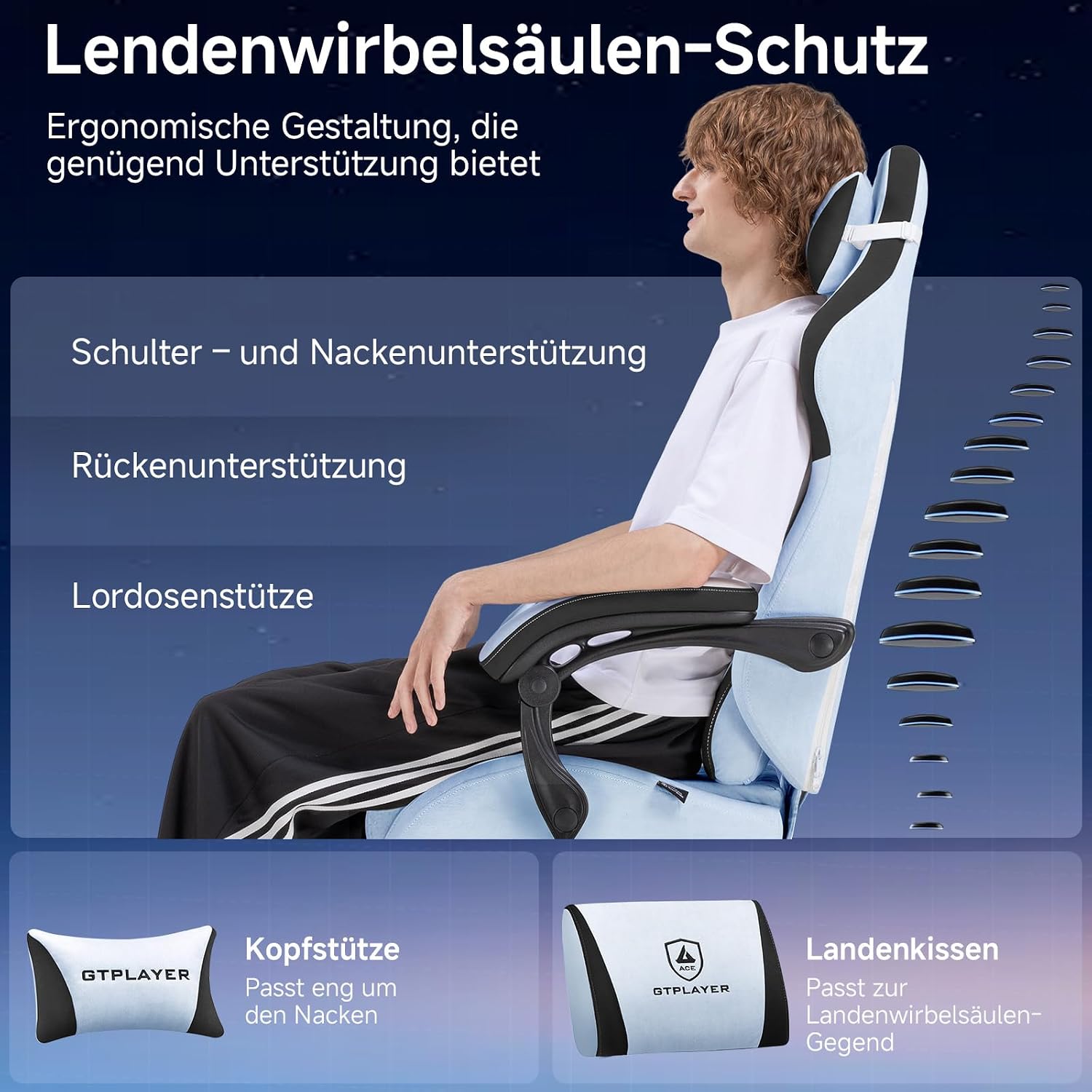 Thumbnail 3 de GTPLAYER Sedia da gaming ergonomica in velluto azzurro con supporto lombare, schienale 150° e poggiapiedi