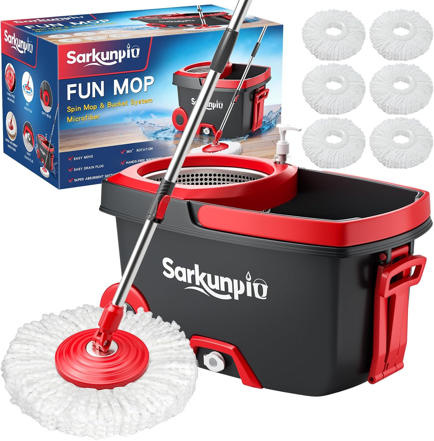 Detalle de Sarkunpio Mop and Bucket Set with Wringer: 61-Inch Spin Mop System with 6 Microfiber Heads