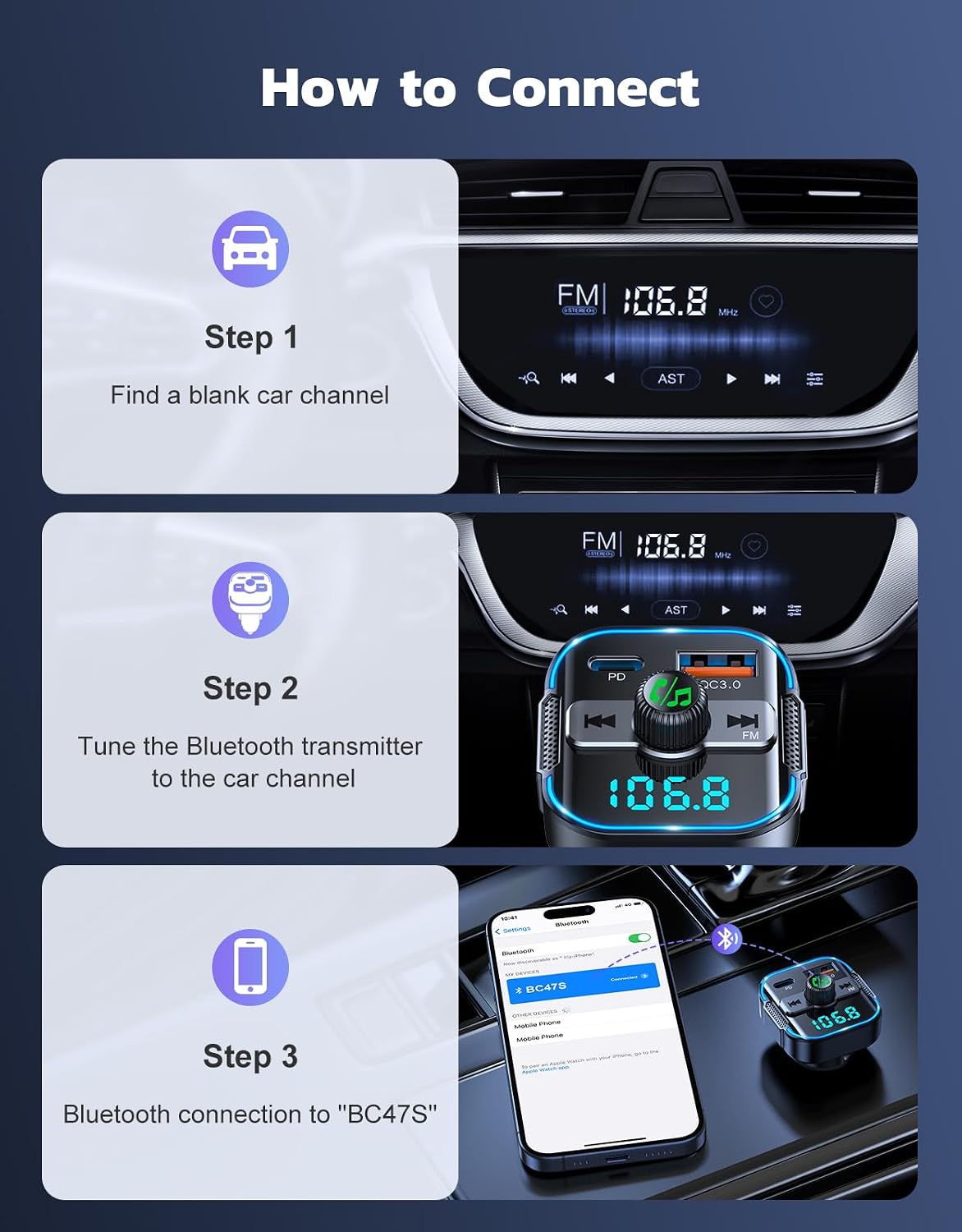 Thumbnail 6 de Glangeh 2026 Upgraded Bluetooth 5.3 Car Adapter – 45W PD + 36W QC, 2-in-1 FM Transmitter with Dual Mics and Fast Car Charger