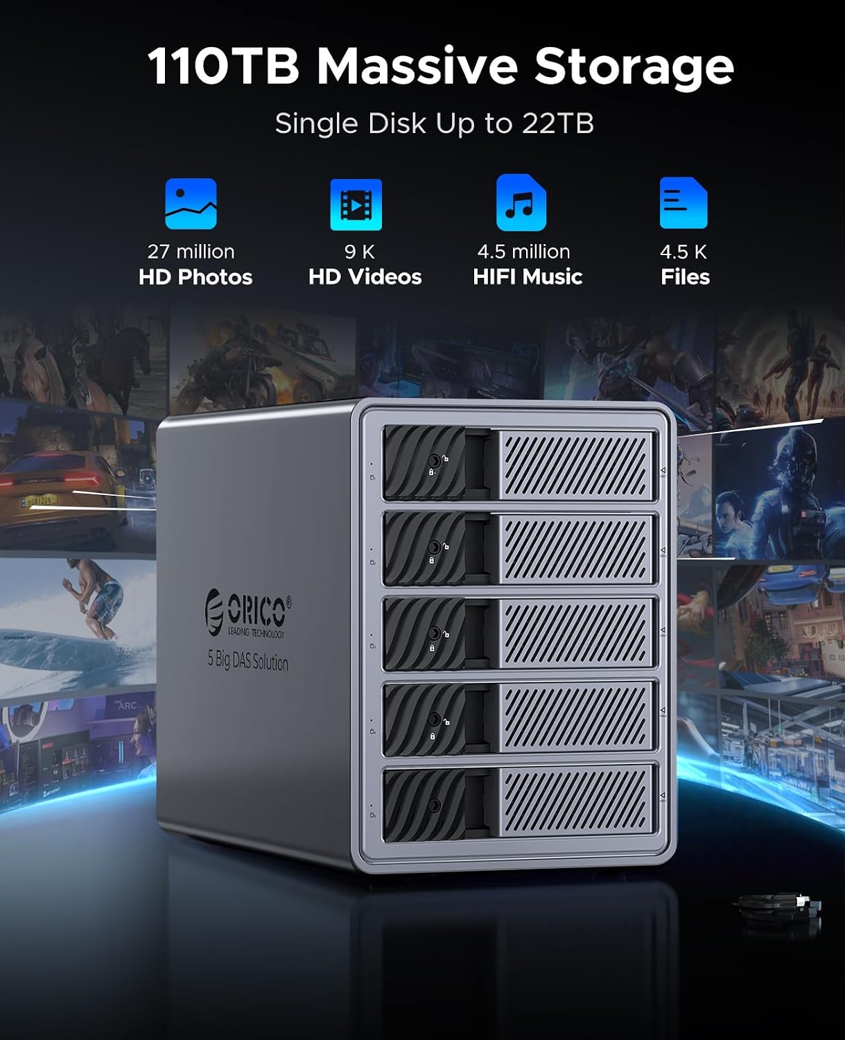 Detalle 2 de ORICO 9858U3 Aluminium 5-Bay-HDD-Dockingstation für 5× 3,5-Zoll-SATA (bis 22 TB je Laufwerk) mit USB 3.0