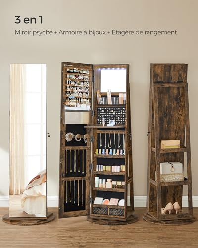 Detalle de SONGMICS Armoire à Bijoux avec Miroir sur Pieds - Verrouillable, 6 LED, Rangement Pivotant 360°, Miroir Psyché sans Cadre, JJC007X01