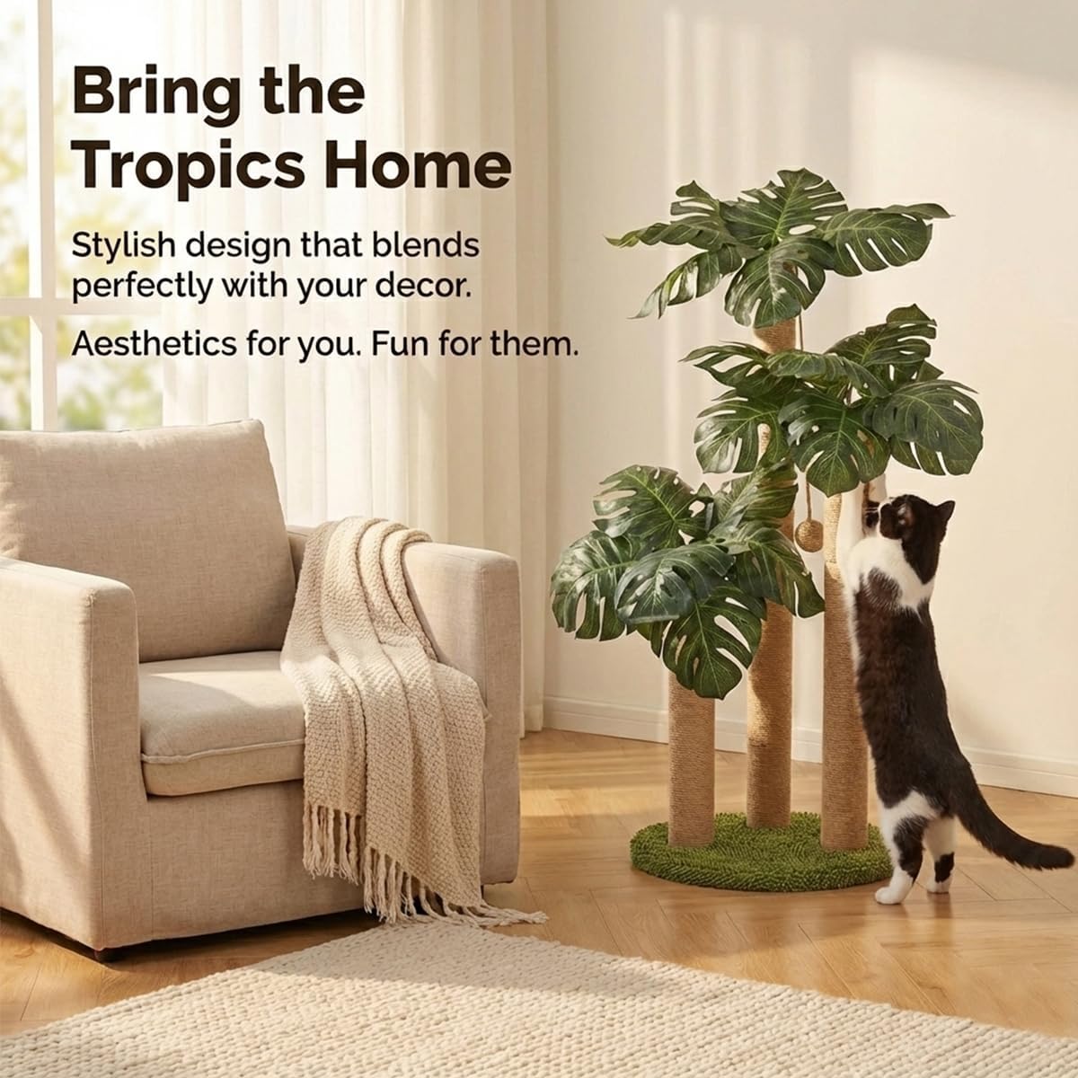Detalle de 31.5-Inch Cat Scratching Post with 3 Scratching Poles and 2 Interactive Balls (Monstera Tree)