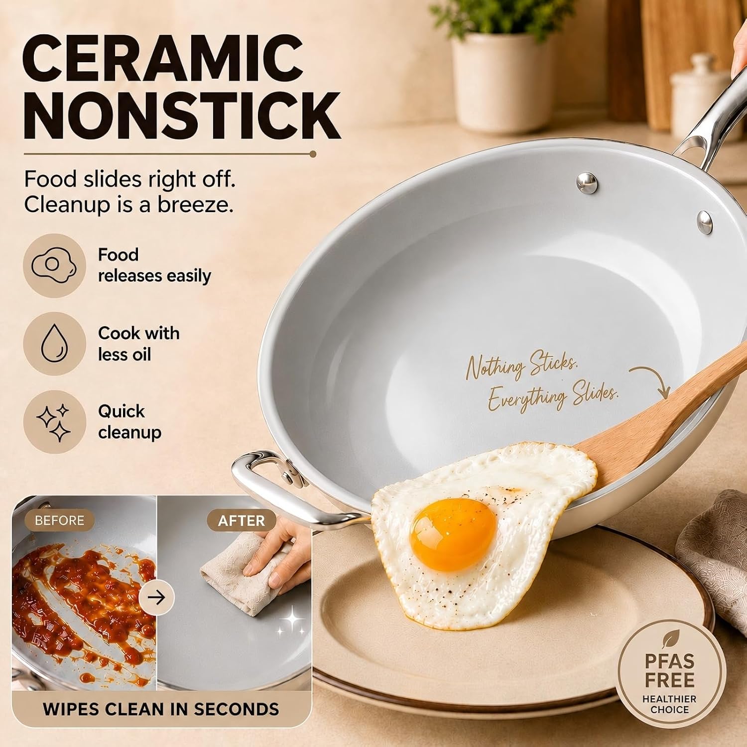 Detalle de Kikcoin 12-Inch Ceramic Nonstick Frying Pan with Lid — 5 Qt Deep Saute Pan for Induction & Oven Use