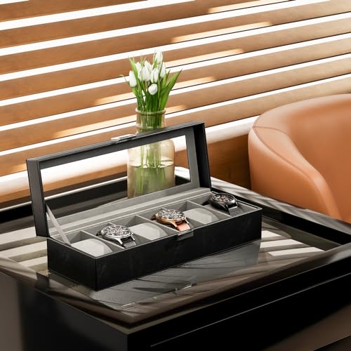 Detalle de ProCase Caja de Relojes con 6 Compartimentos, tapa de cristal y cojín extraíble – Negro