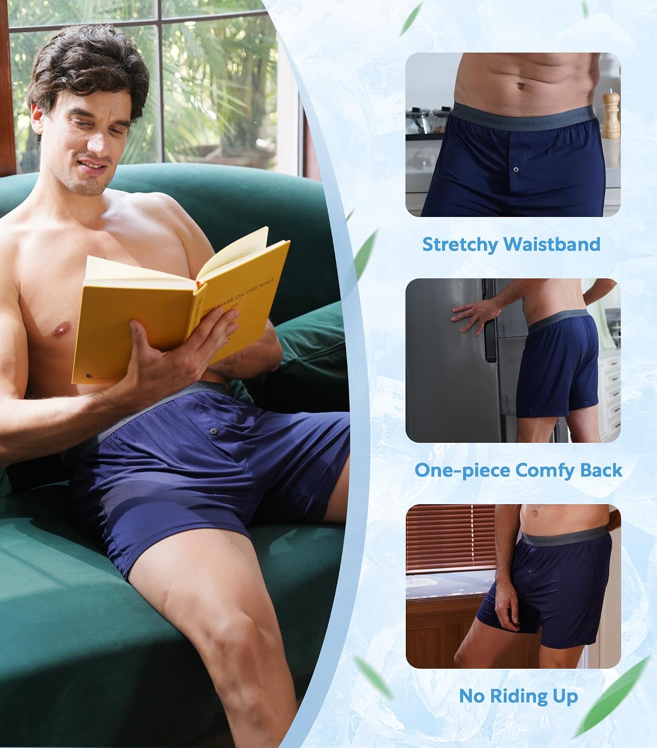 Detalle de DAVID ARCHY Men's Bamboo Rayon Boxers: Breathable, Relaxed Fit with Button Fly (3/4/5 Pack)