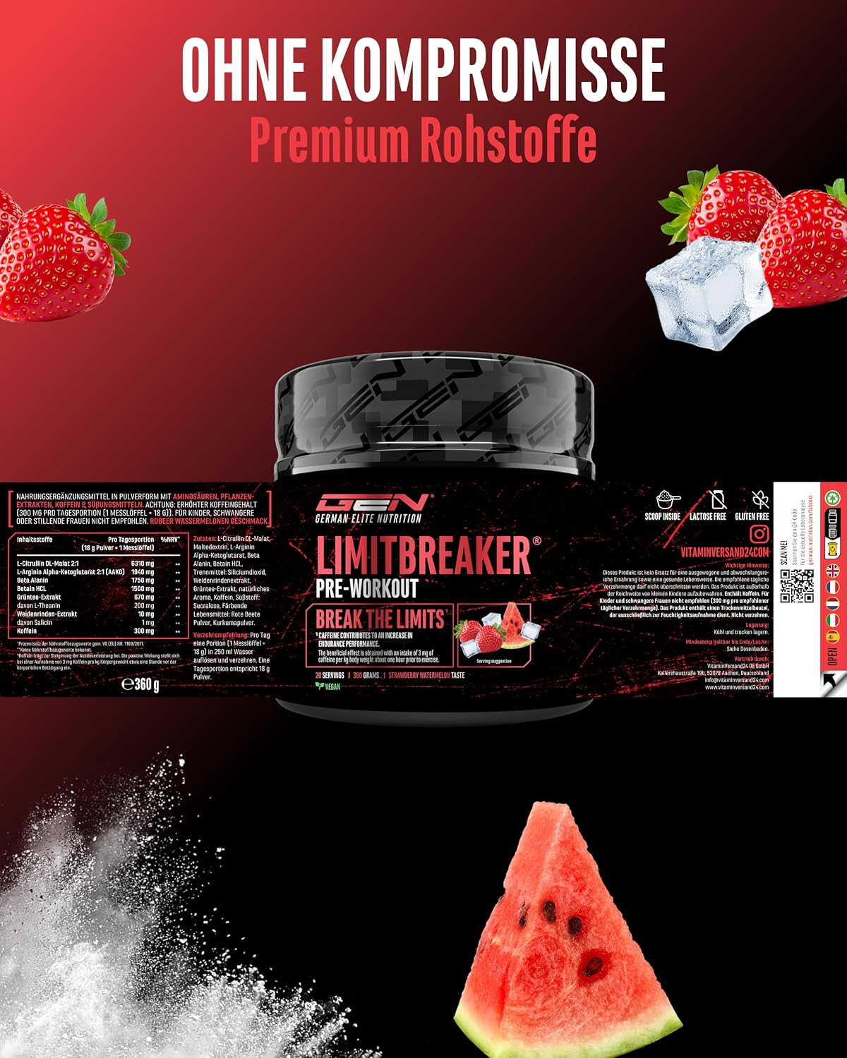 Detalle de LIMITBREAKER Pre Workout Booster mit Koffein 300 mg – Erdbeere Wassermelone, 360 g