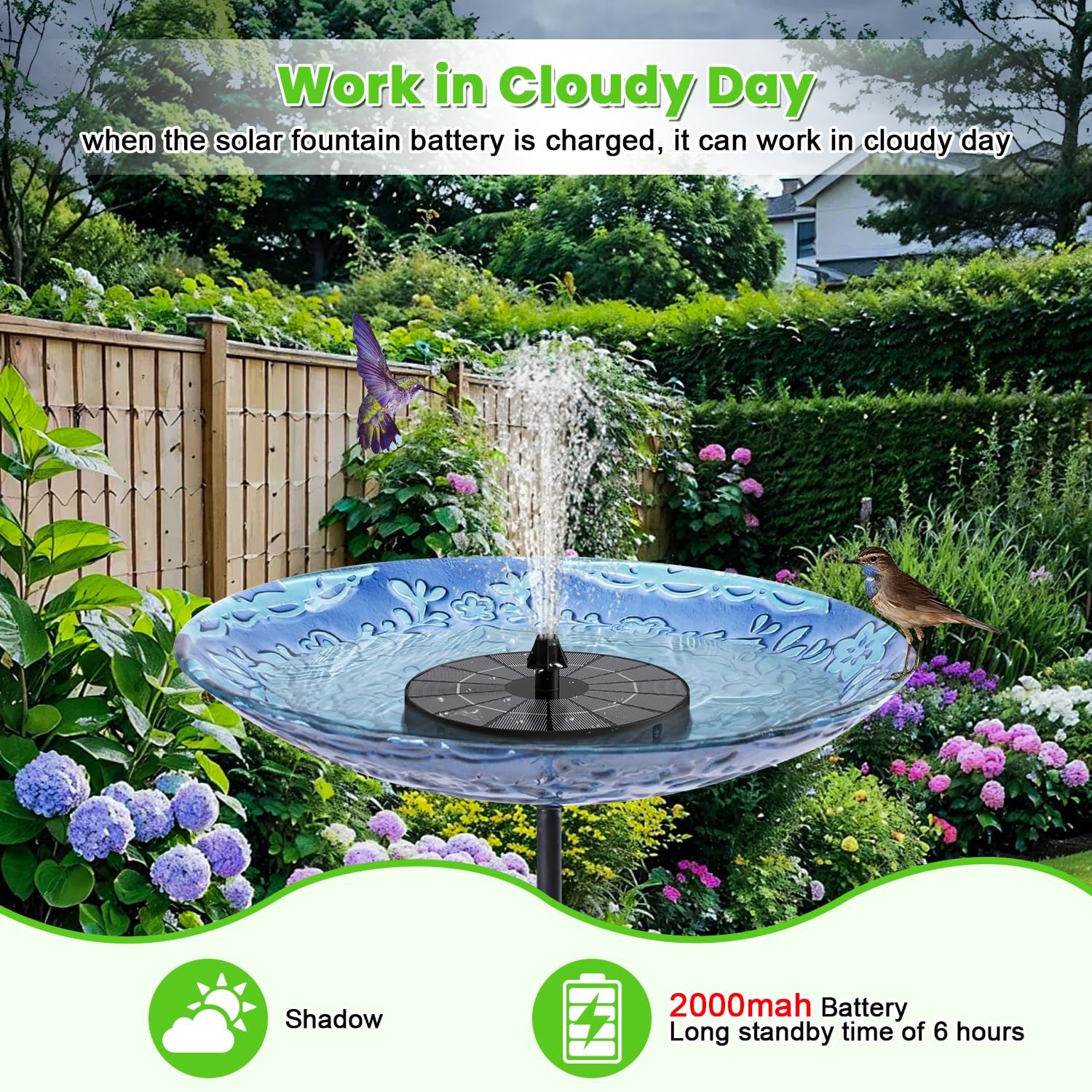 Thumbnail 2 de SZMP Solar Fountain 3.5W Solar-Powered Bird Bath Pump with 2000mAh Battery and 8 Nozzles