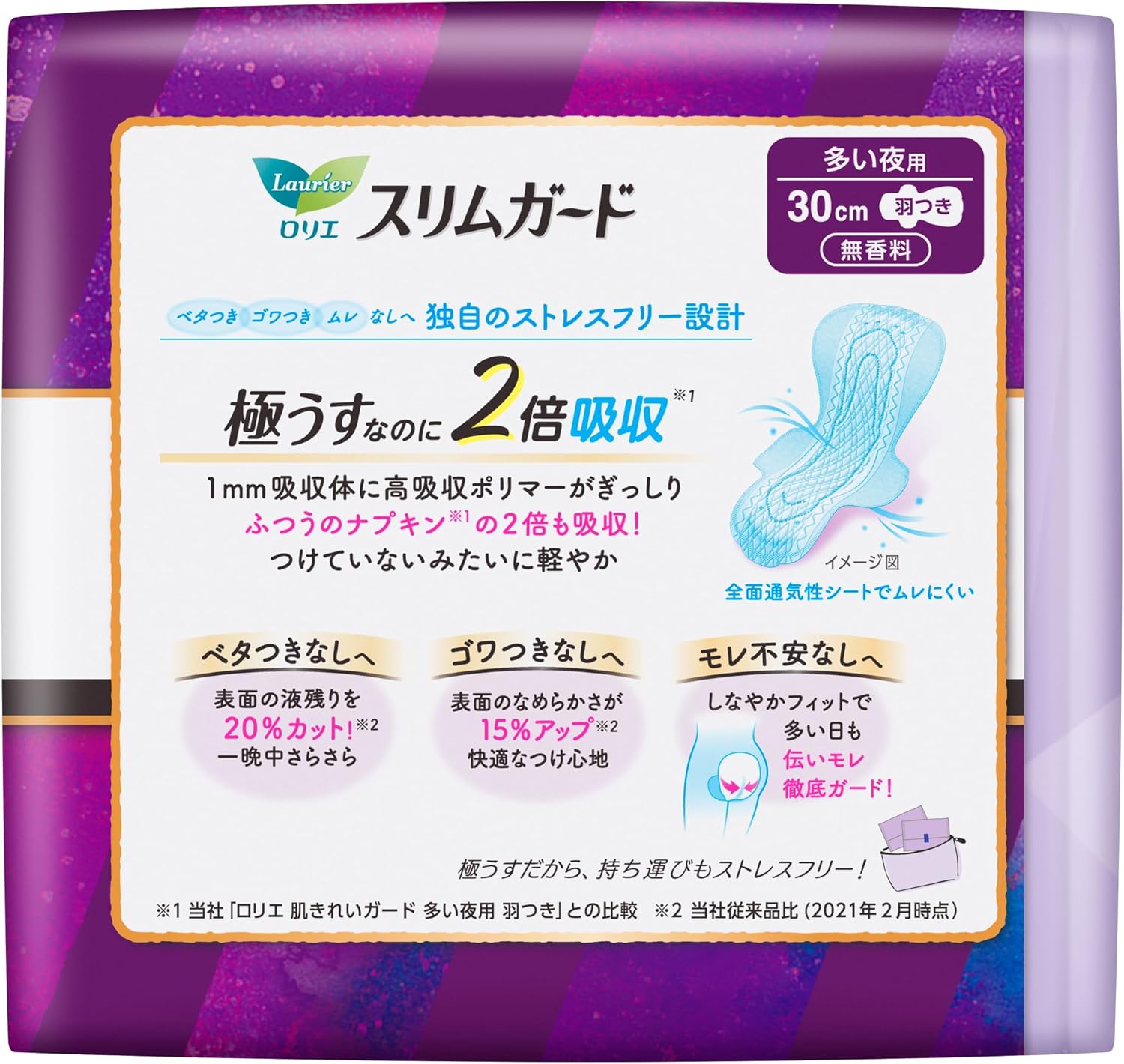 Detalle 2 de ロリエ スリムガード 多い夜用300 羽つき 30cm 無香料・薄型ナプキン