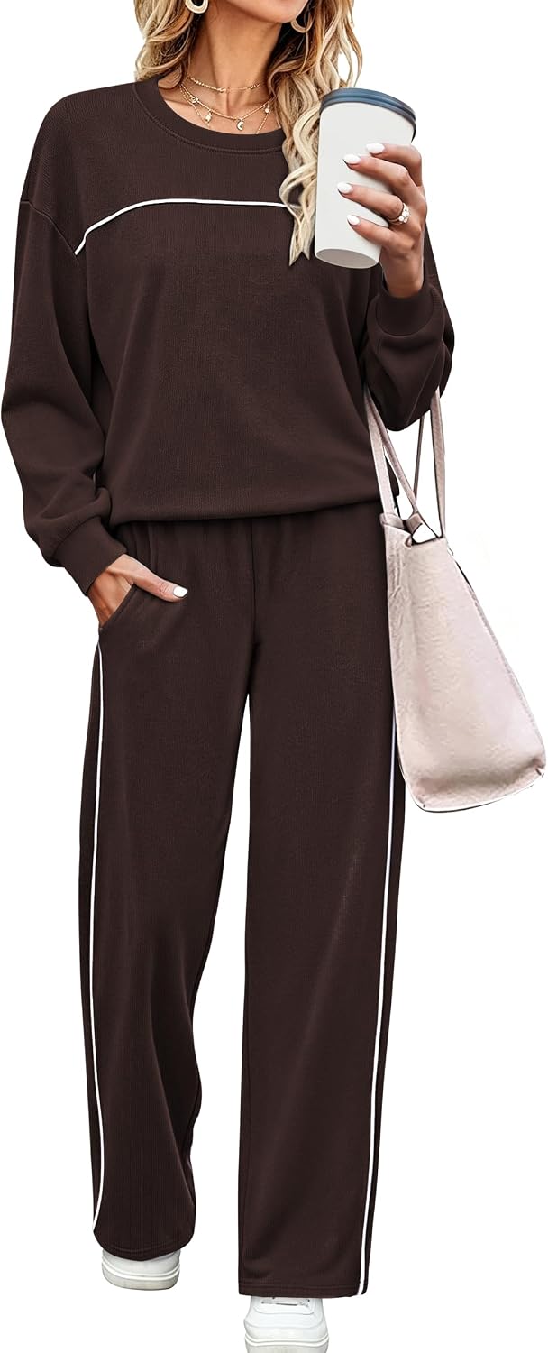 Detalle de OFEEFAN Women's Two-Piece Lounge Set with Contrast Piping and Wide-Leg Pants