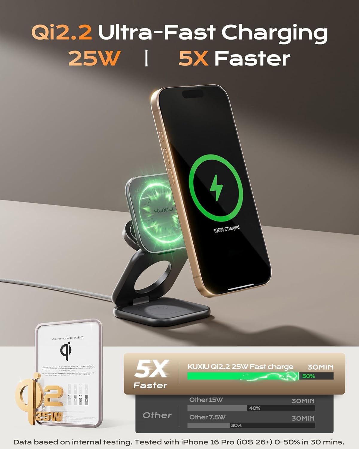 Detalle de KU XIU X40 Turbo Qi2.2 25W Station de Charge 3 en 1 – Aluminium CNC, pliable et magnétique