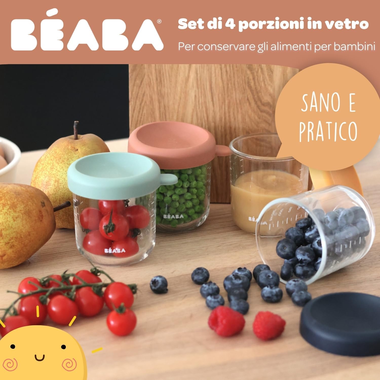 Detalle de BÉABA Set di 4 Contenitori Pappa in Vetro 250 ml Sunrise – pratici, impilabili e sicuri per congelare e riscaldare