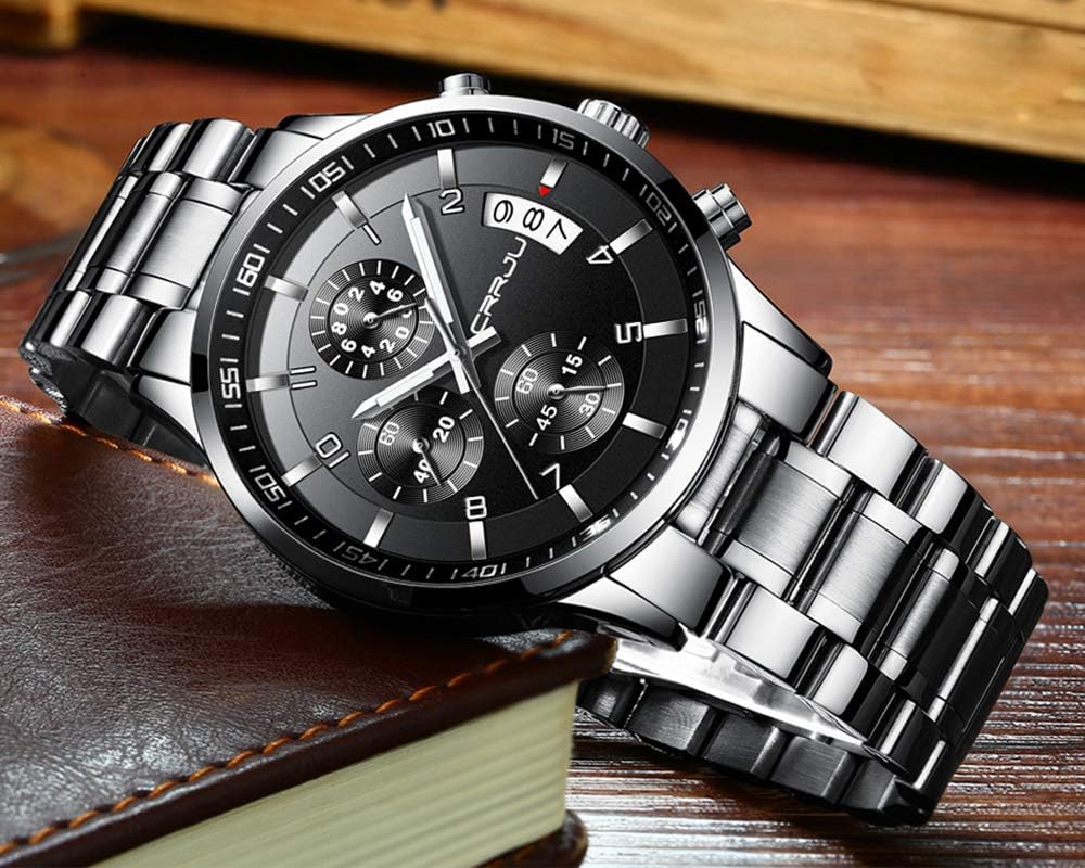 Detalle de CRRJU Herren Chronographen-Uhr wasserdicht mit blauem Zifferblatt, Edelstahlband und Kalender