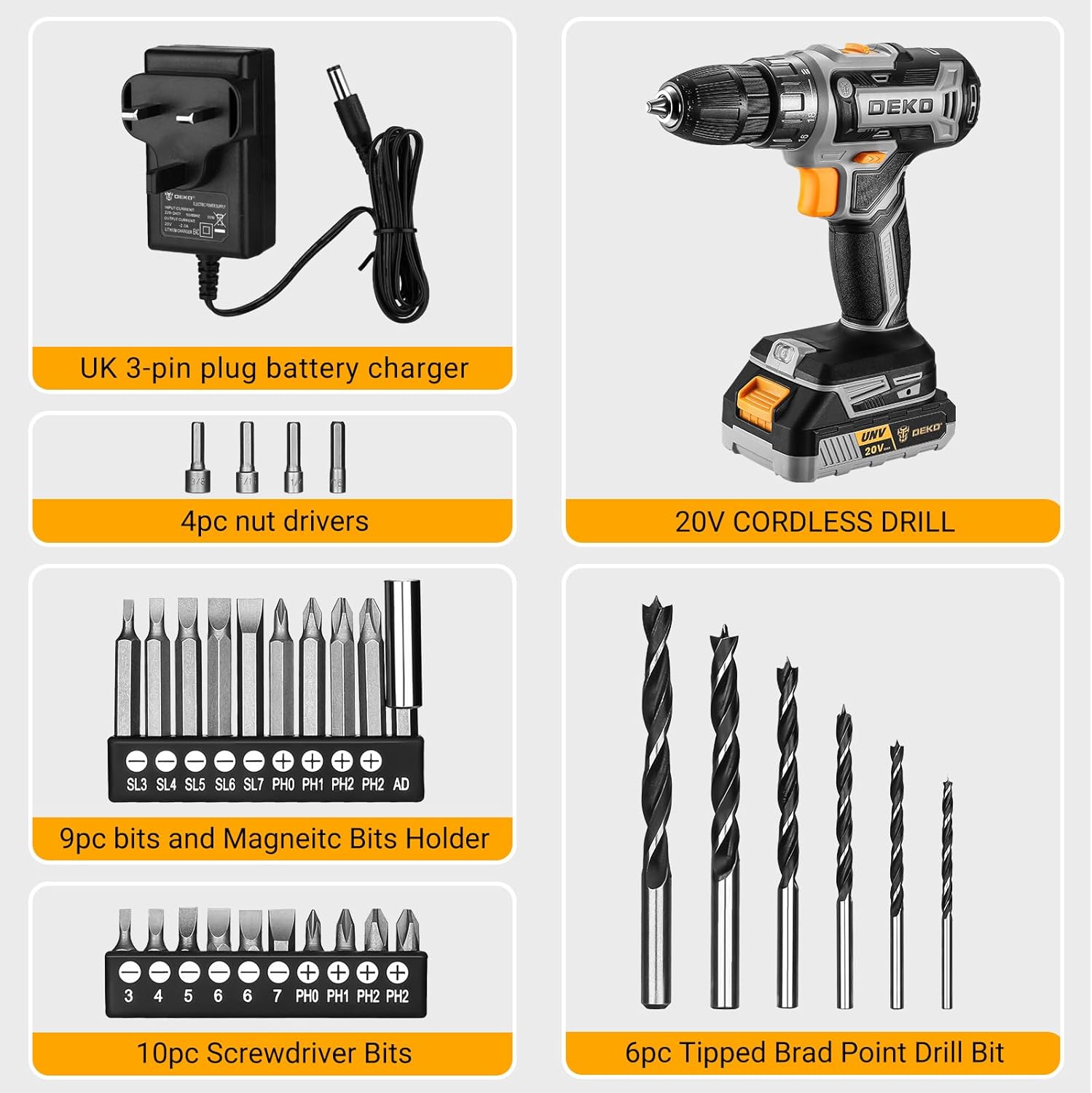 Thumbnail 2 de DEKOPRO 20V Cordless Drill Driver Set (Grey) with Battery, Charger and Bits
