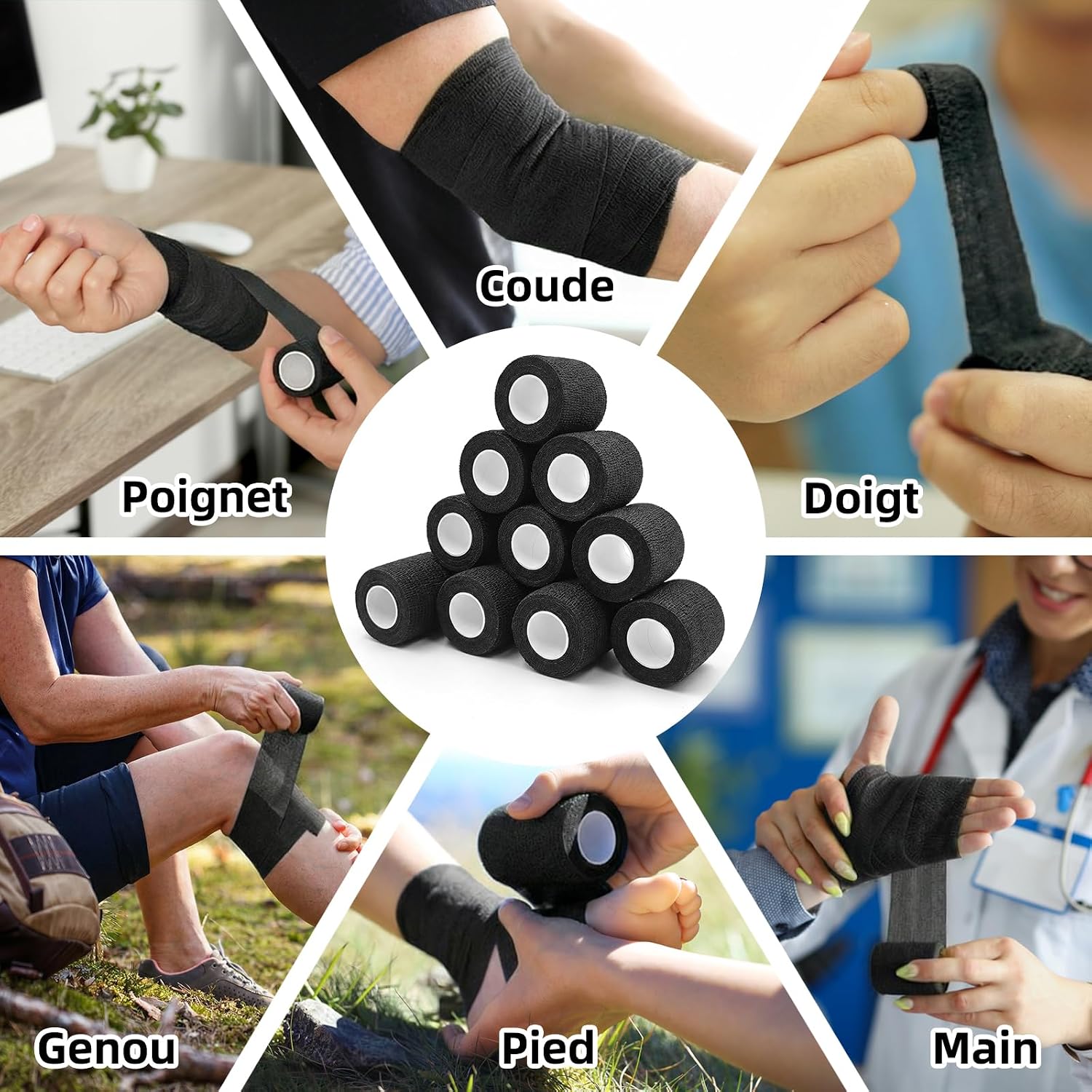 Thumbnail 6 de Bandage autoadhésif HONYAO – 10 rouleaux, 3 tailles, noir
