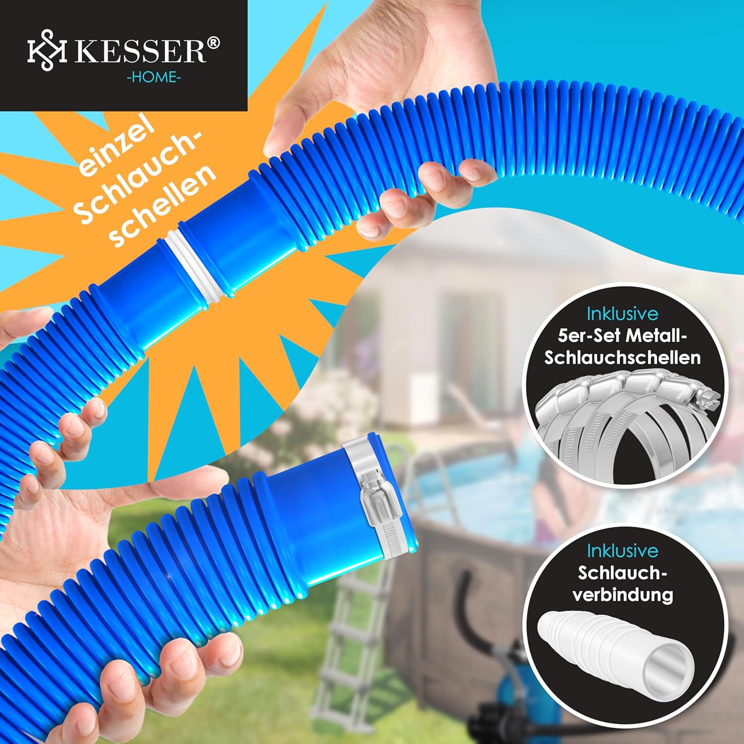 Thumbnail 5 de KESSER Poolschlauch 8 m | Ø 38 mm – flexibler Schwimmbadschlauch mit Muffen, inkl. Schellen