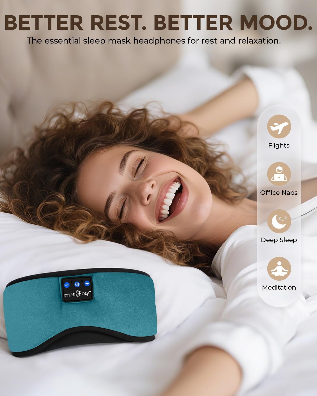 Detalle de MUSICOZY Sleep Mask Headphones: Soft Breathable Bluetooth Eye Mask with 100% Blackout in Lake Blue