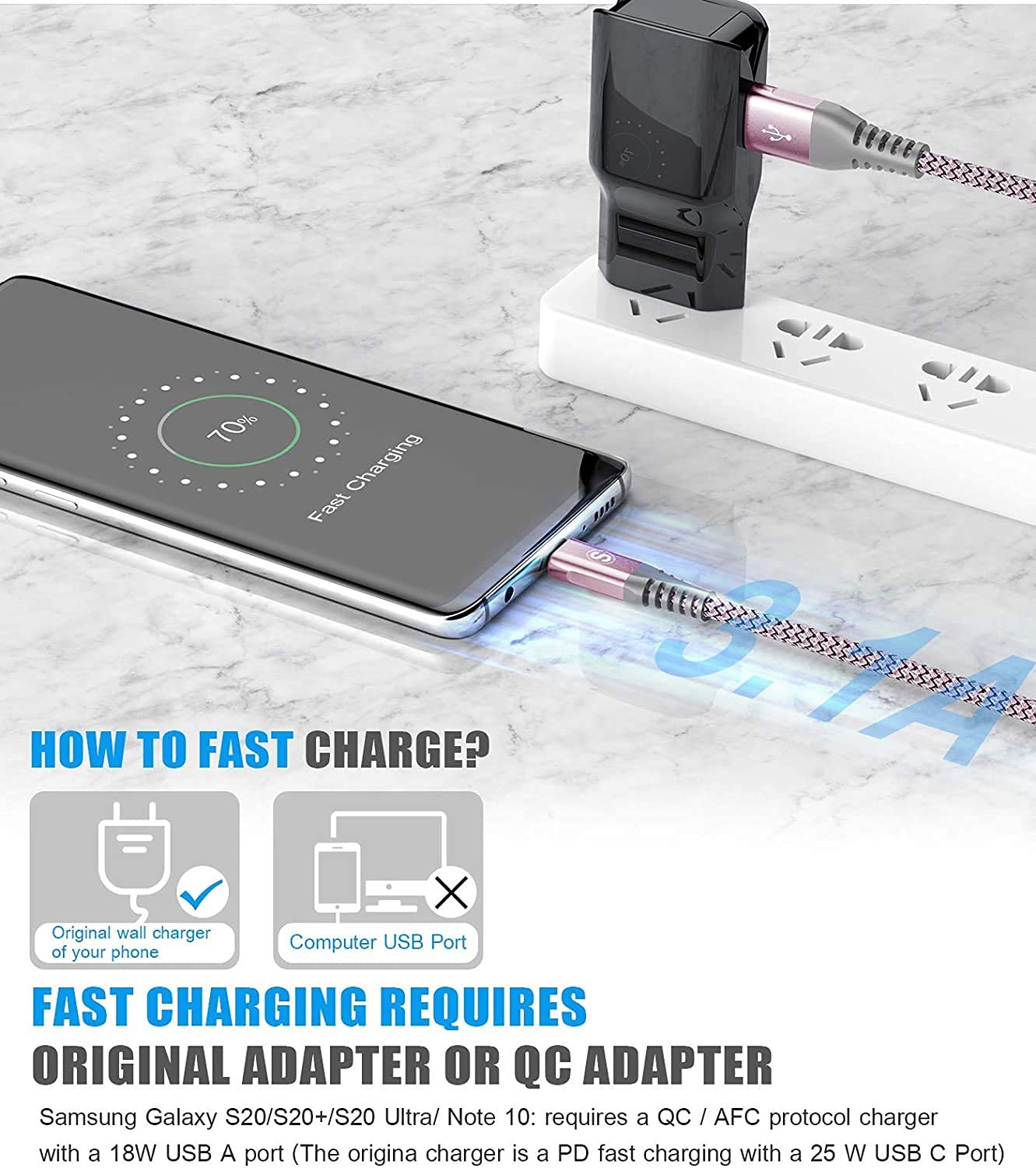 Thumbnail 2 de USB‑C Kabel 3.1A (2er‑Set, 3 m) Schnellladung – Nylon, stabil für Samsung Galaxy & iPhone