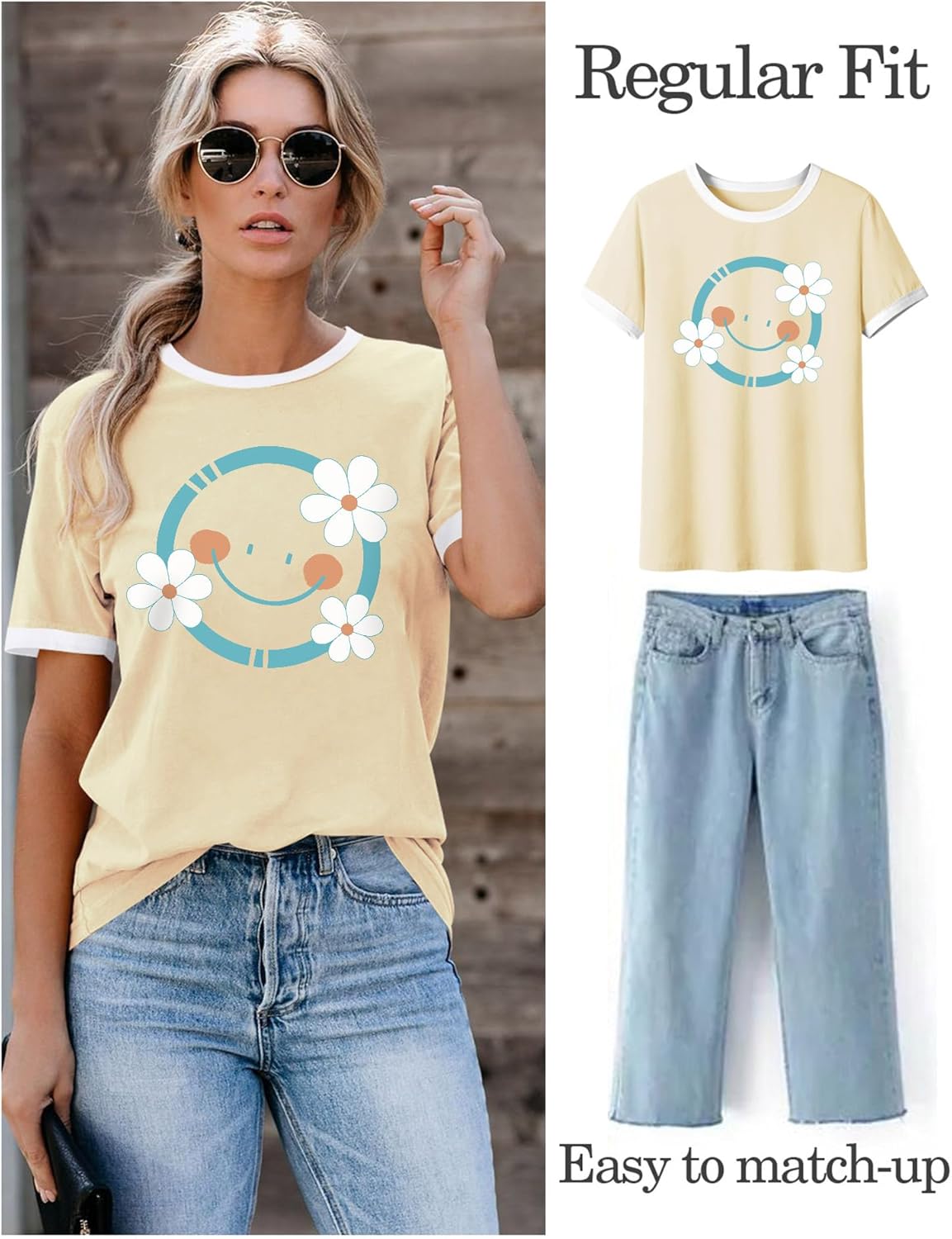 Thumbnail 1 de WIEIYM Women Daisy Floral Short Sleeve Cotton T-Shirt – Casual Boho Summer Tee