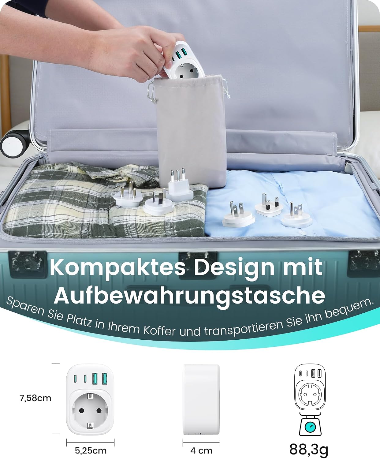 Detalle de LENCENT Reiseadapter Weltweit Set Typ A–I – 6 Steckertypen, USB Schnellladung, kompakt