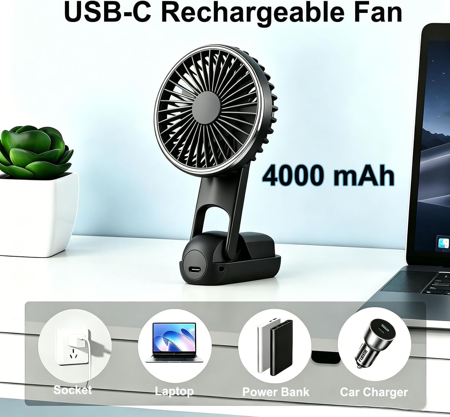 Detalle de FGHB Hand Held Fan: Portable USB Rechargeable Personal Fan with 5 Speeds