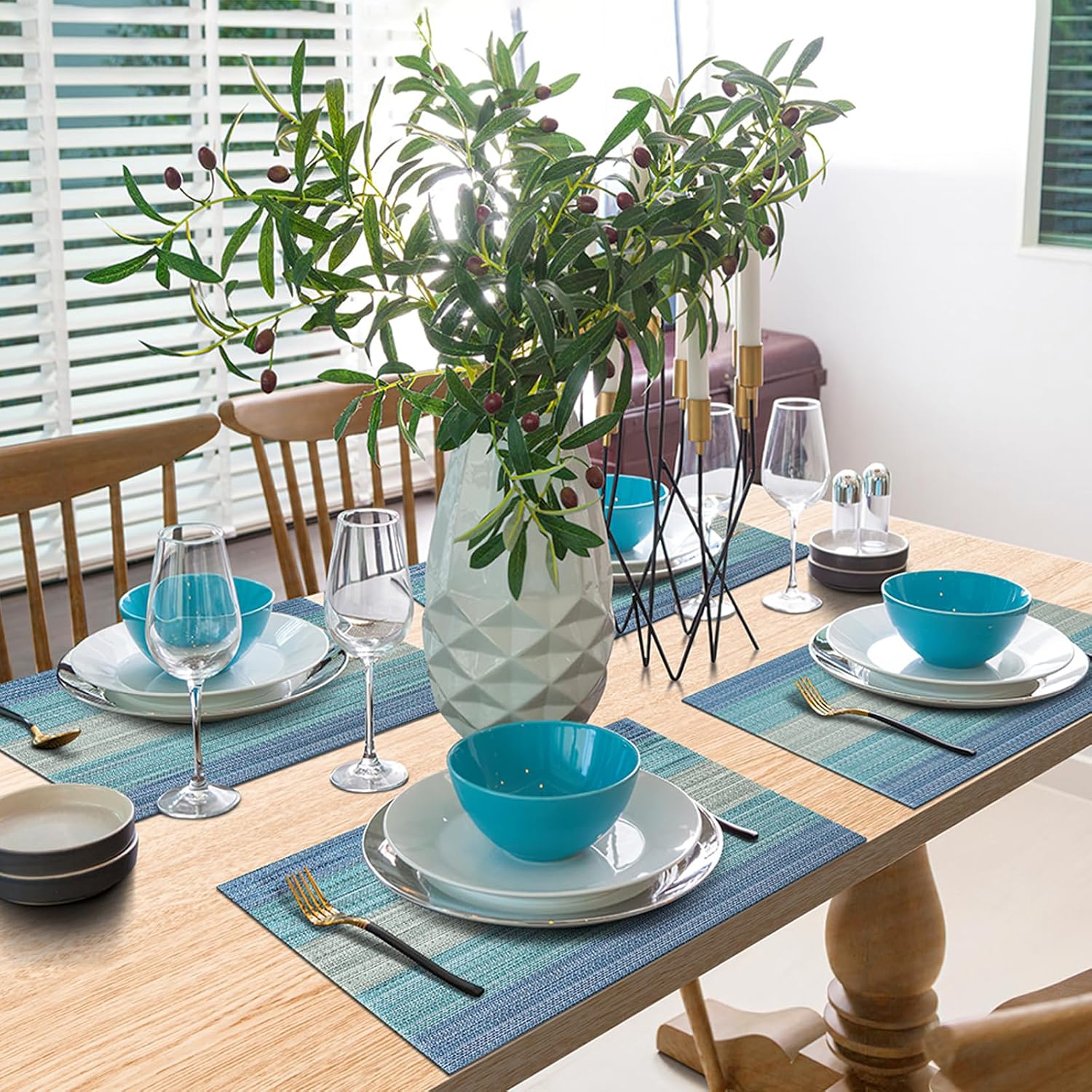 Thumbnail 6 de ADRIMER Blue-Striped Vinyl Placemats, Set of 8, Wipeable and Heat-Resistant