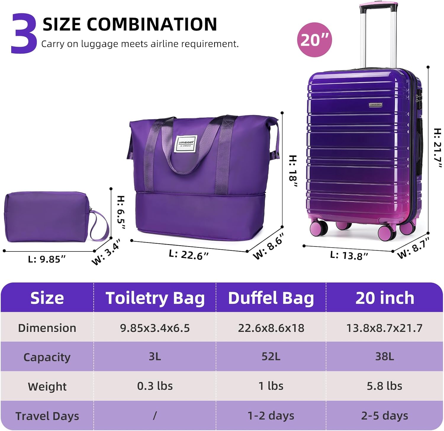 Detalle de LARVENDER Luggage Sets 3 Piece 20" Carry-On