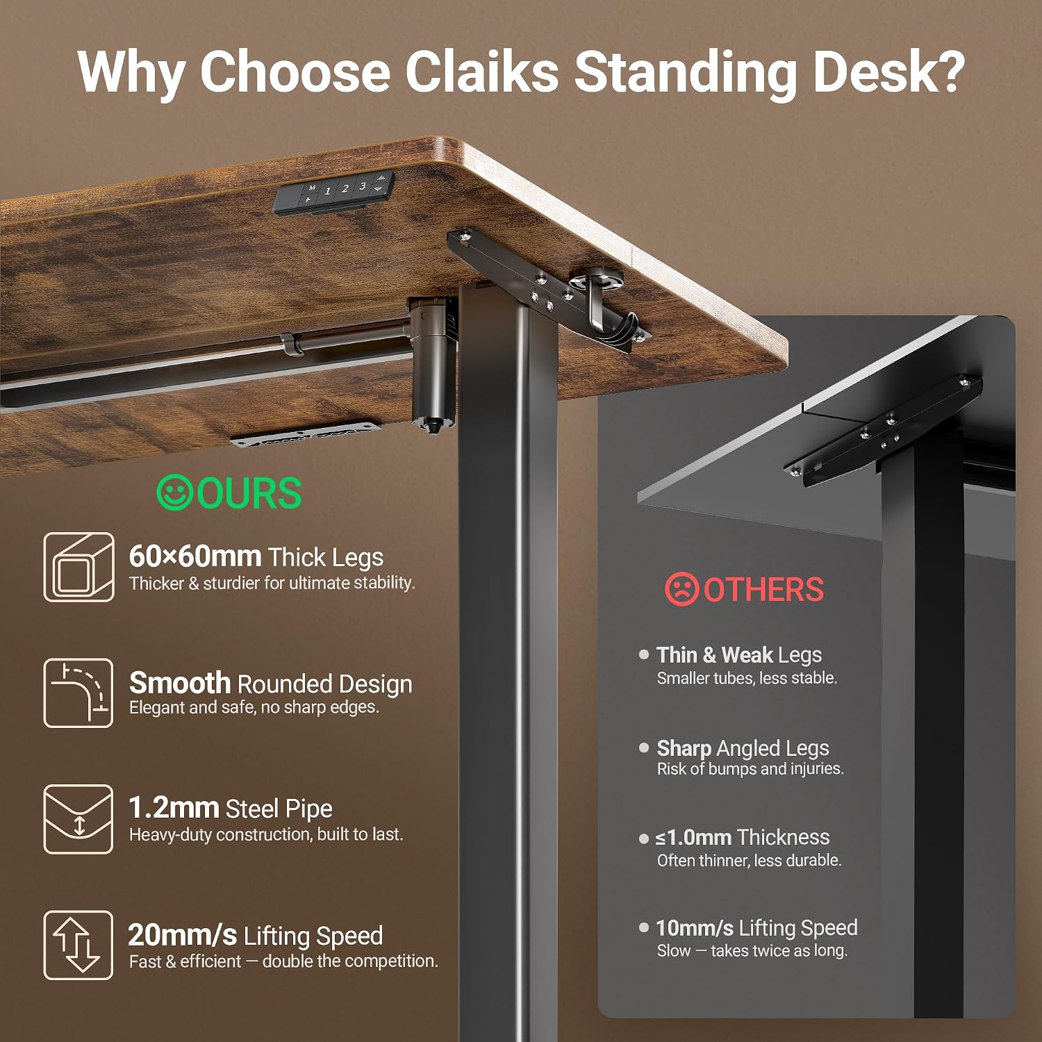 Thumbnail 4 de Claiks P1.01.001 Electric Standing Desk, 48 x 24 in, Rustic Brown