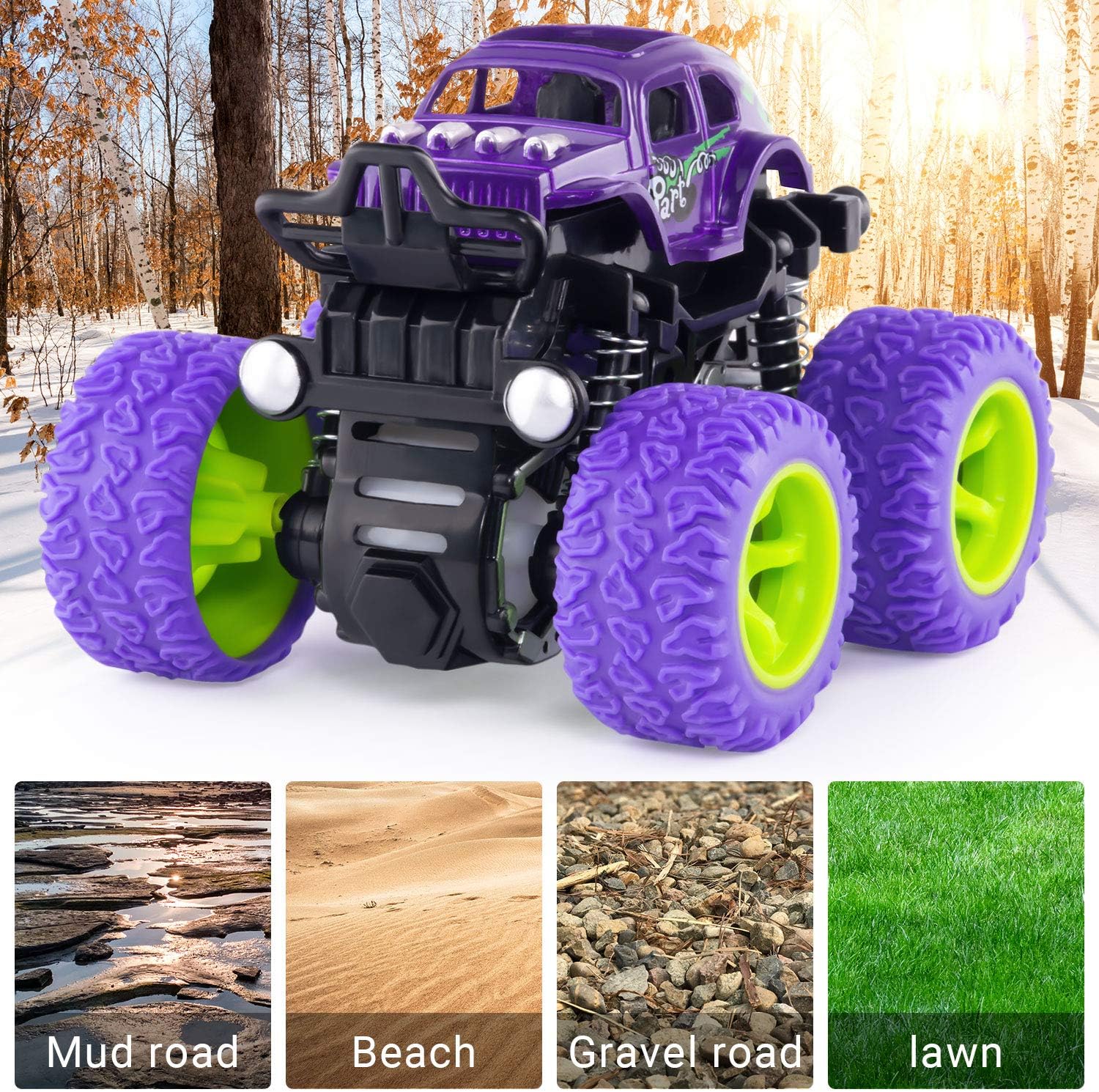 Detalle de ANAOER 4 Pack Monster Trucks: Friction-Powered Pull-Back Toys for Toddlers and Kids