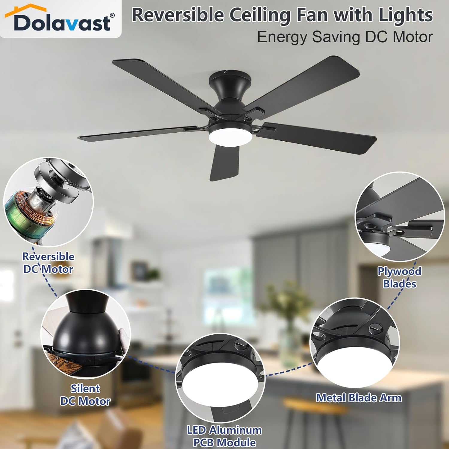 Thumbnail 5 de Dolavast 52-Inch Low Profile Ceiling Fan with Light, Remote Control & Reversible DC Motor