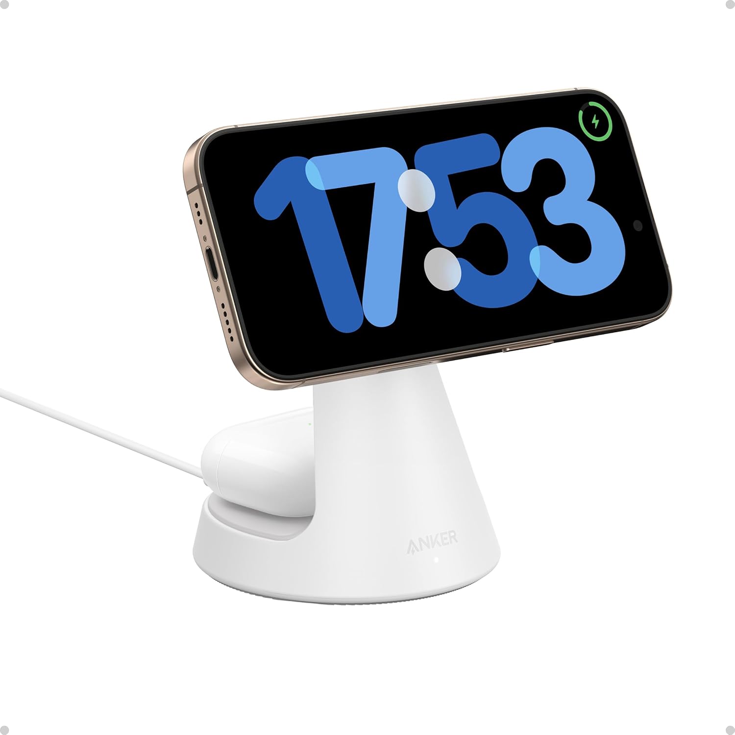Detalle de Anker MagSafe Compatible 2-in-1 Charging Stand for iPhone 16 Wireless Charger (Qi2 Certified 15W)