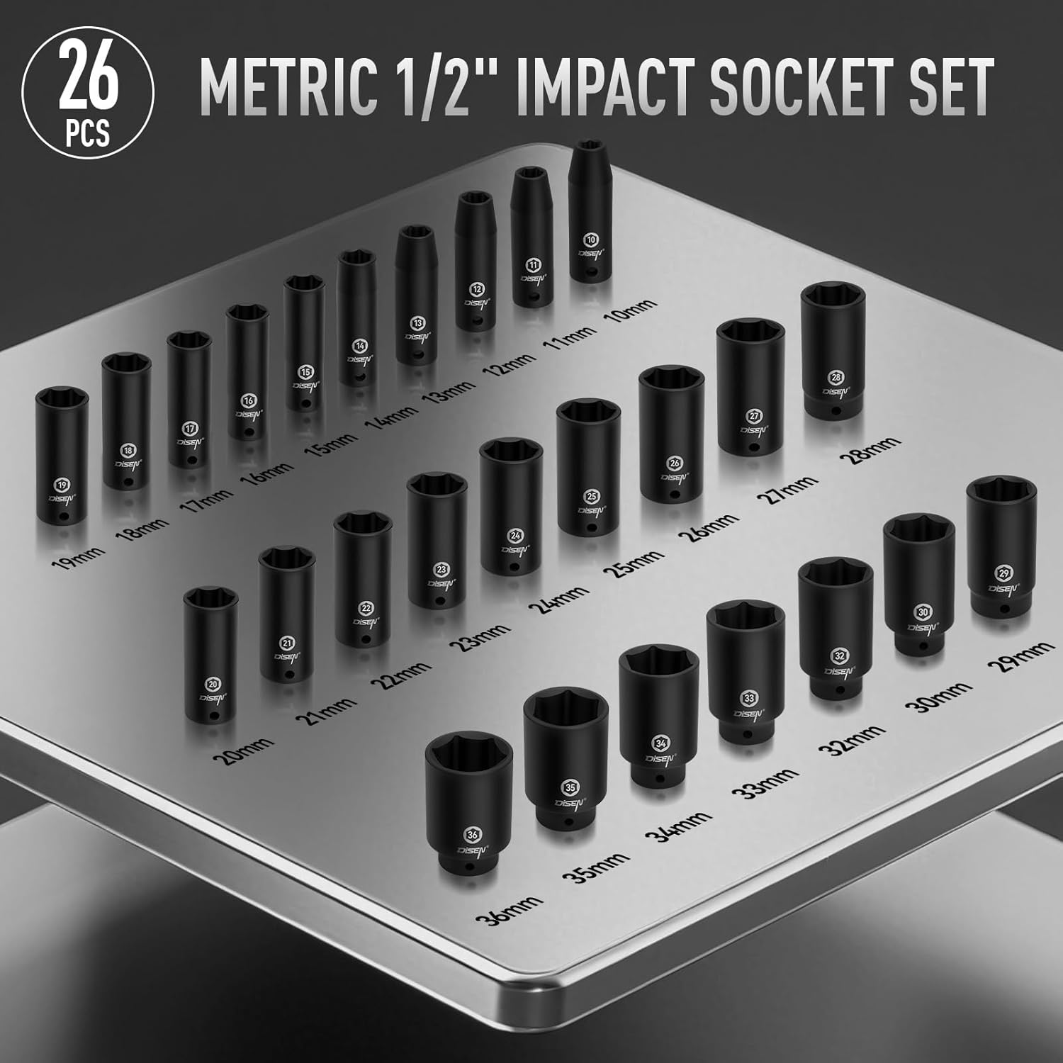 Thumbnail 6 de DISEN 26-Piece Metric 1/2-Inch Deep Impact Socket Set (Cr-V) with Storage Cage
