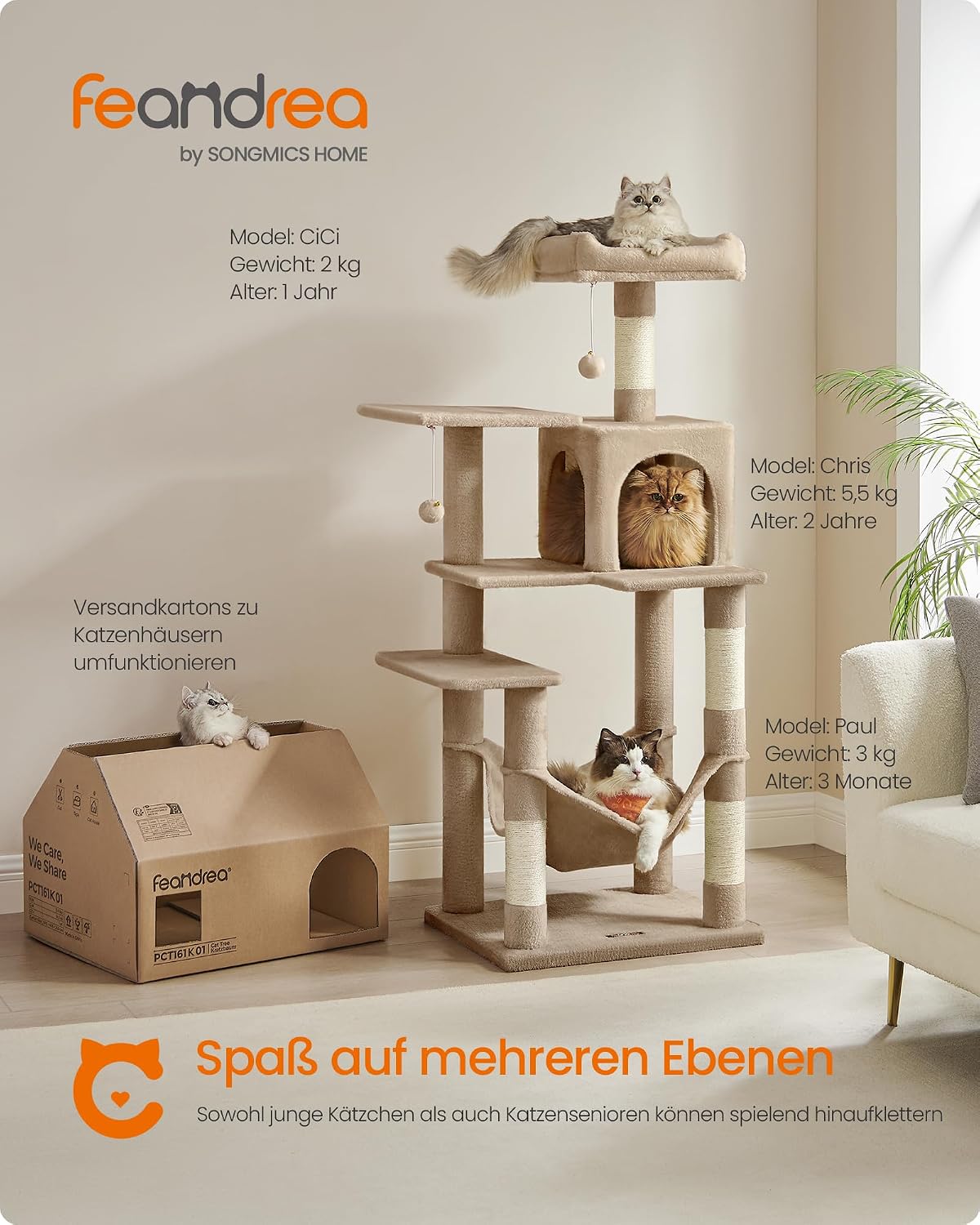 Detalle de Feandrea Kratzbaum PCT161K01 (143 cm) mit 4 Kratzsäulen, 2 Plattformen, Hängematte und Höhle