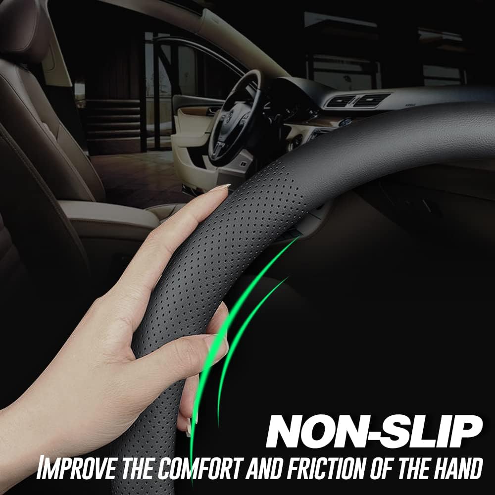 Detalle 2 de LKWLIKEI Nappa Premium Leather Steering Wheel Cover (Universal, Non-Slip), Black