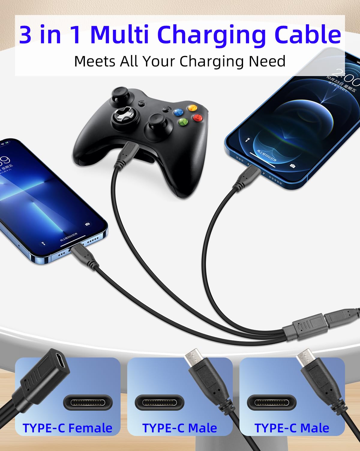 Thumbnail 2 de RIIEYOCA 3 in 1 USB C Cable: 3 Type-C Ports for Charging Only (1FT, 2 Pack)