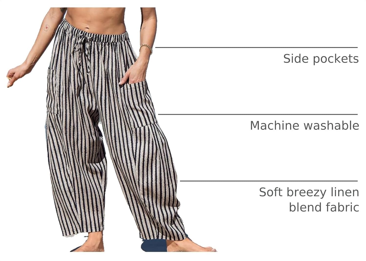 Thumbnail 3 de TARSE Womens Linen Wide Leg Pants with Pockets — Casual Beach-Ready Palazzo Harem Pants
