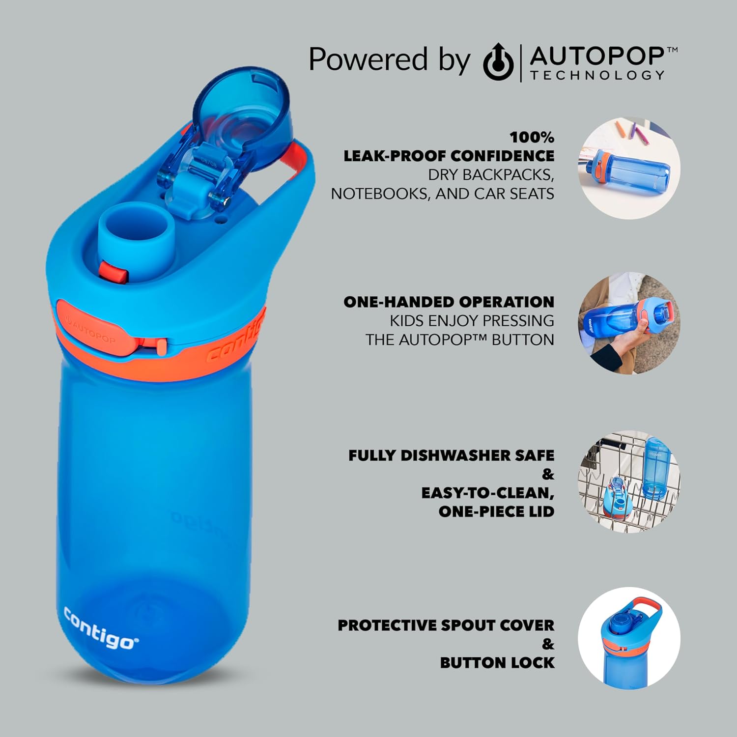 Thumbnail 1 de Contigo Jessie Autopop kids water bottle (420 ml) | 100% leak-proof | Blue Poppy