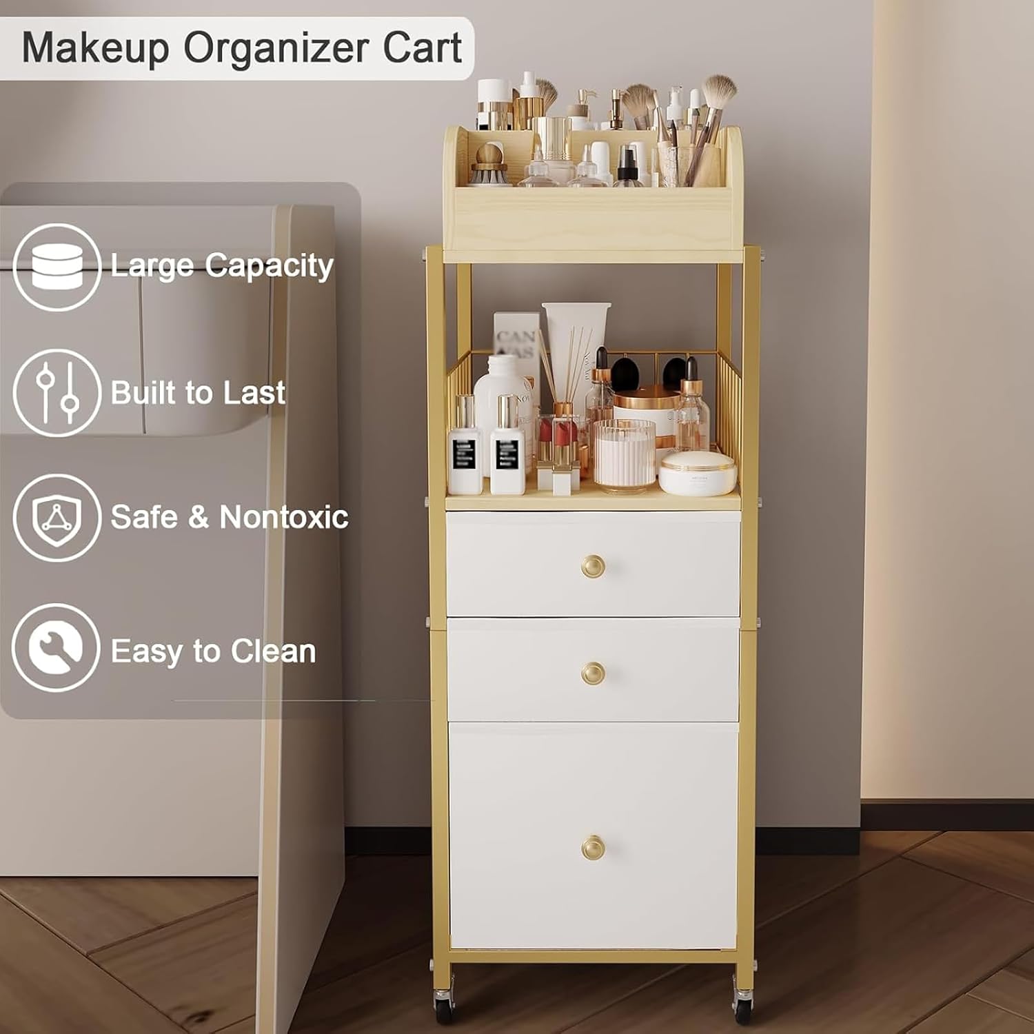 Detalle de Makeup Organizer Cart with Drawers (Gold) for Floor Vanity Storage