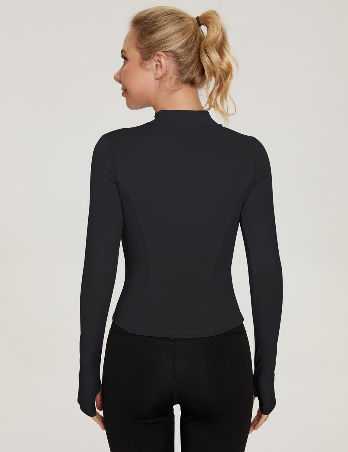 Thumbnail 3 de IECCP Damen Gym Top Langarm Crop mit Halb-Reißverschluss und Daumenloch – leichtes Fitness-Oberteil für Yoga und Training
