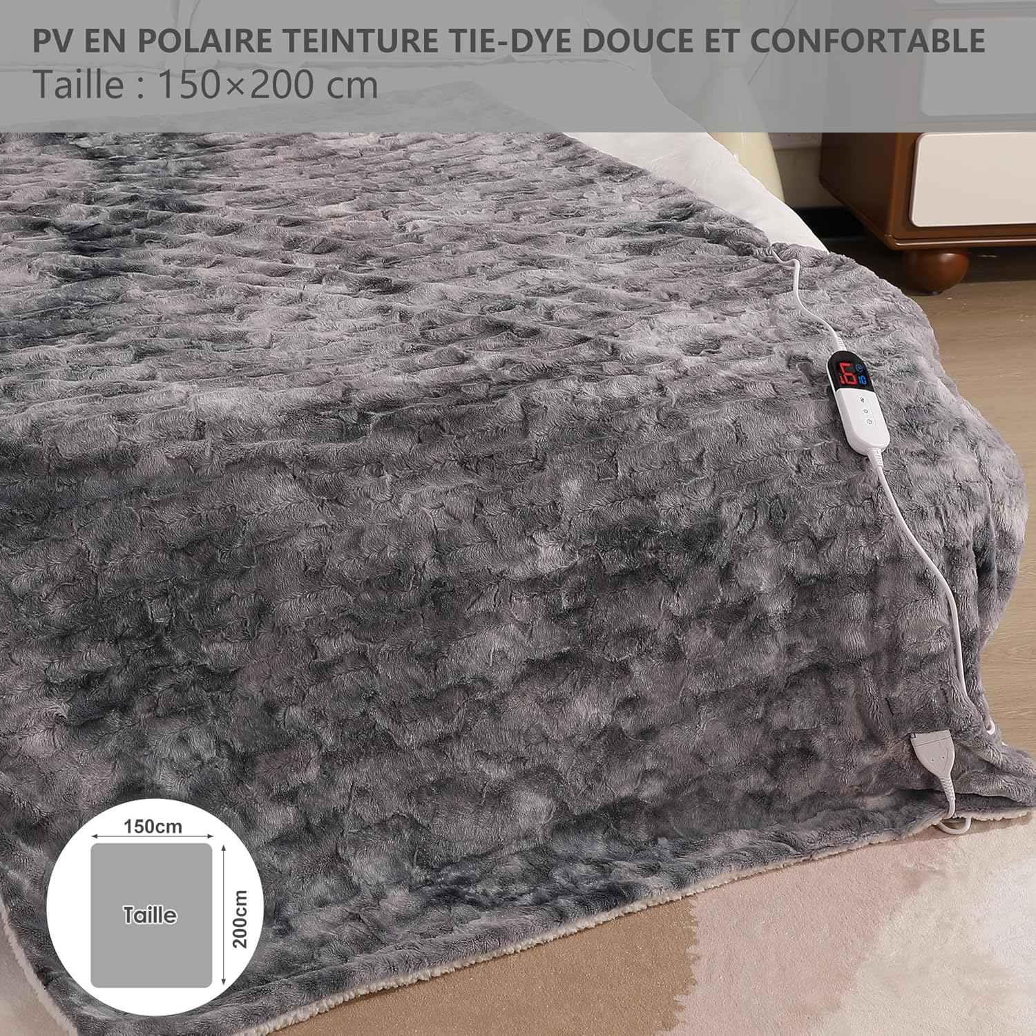 Detalle 2 de Couverture chauffante COZYTY 150×200 cm en polaire tie-dye gris-noir – 6 niveaux de chaleur, minuterie 10 heures