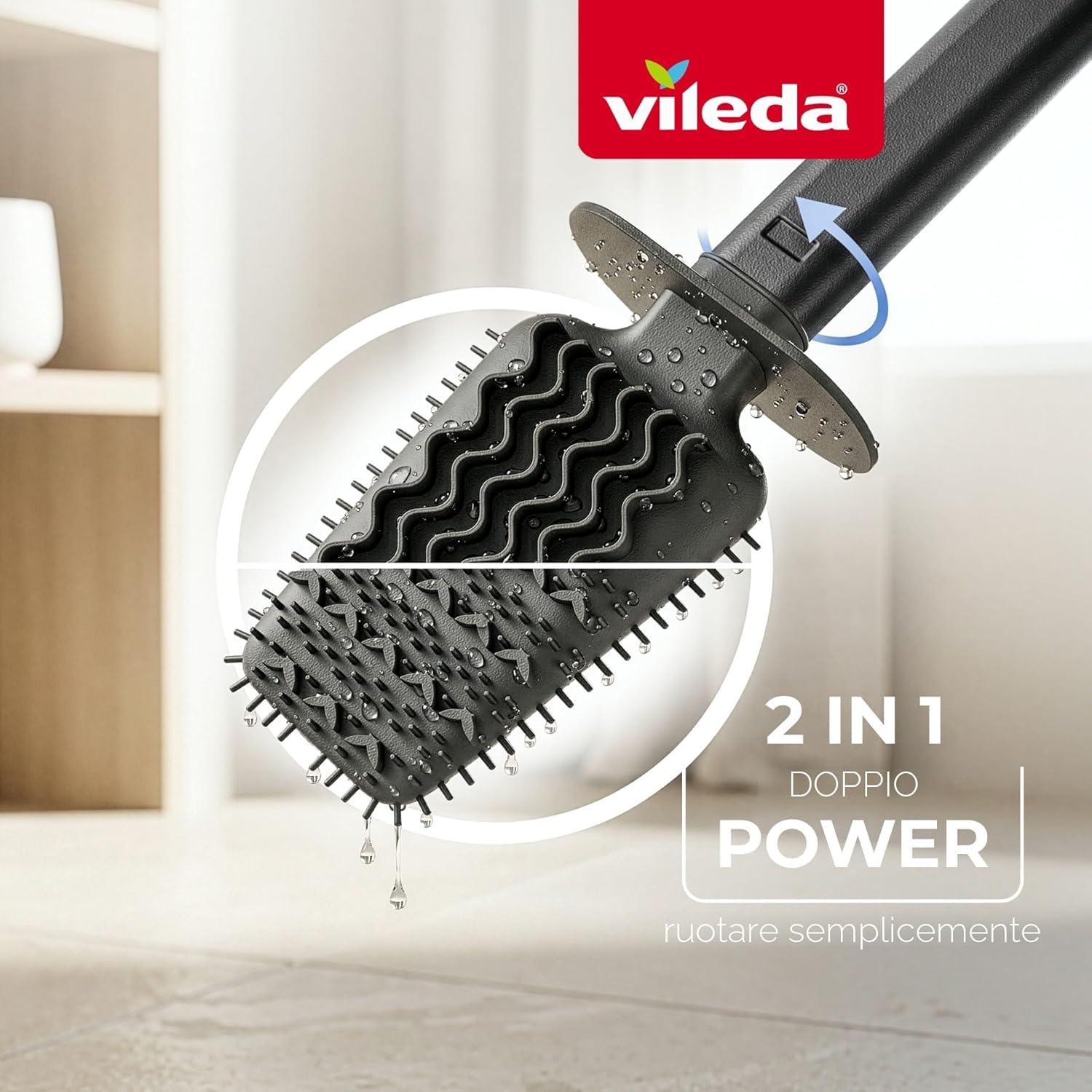Detalle 2 de Vileda Scopino WC in Silicone 2in1 con Porta Scopino – Testa Flessibile, Manico in Acciaio Inox Antiruggine, Grigio