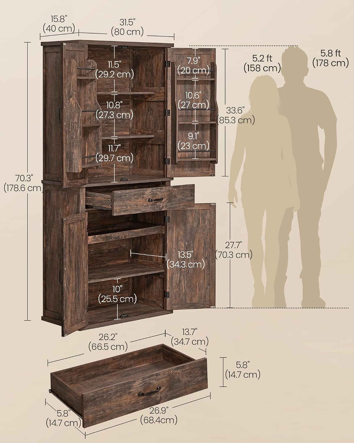 Detalle 2 de VASAGLE Pantry Cabinet 15.8 x 31.5 x 70.3 Inches