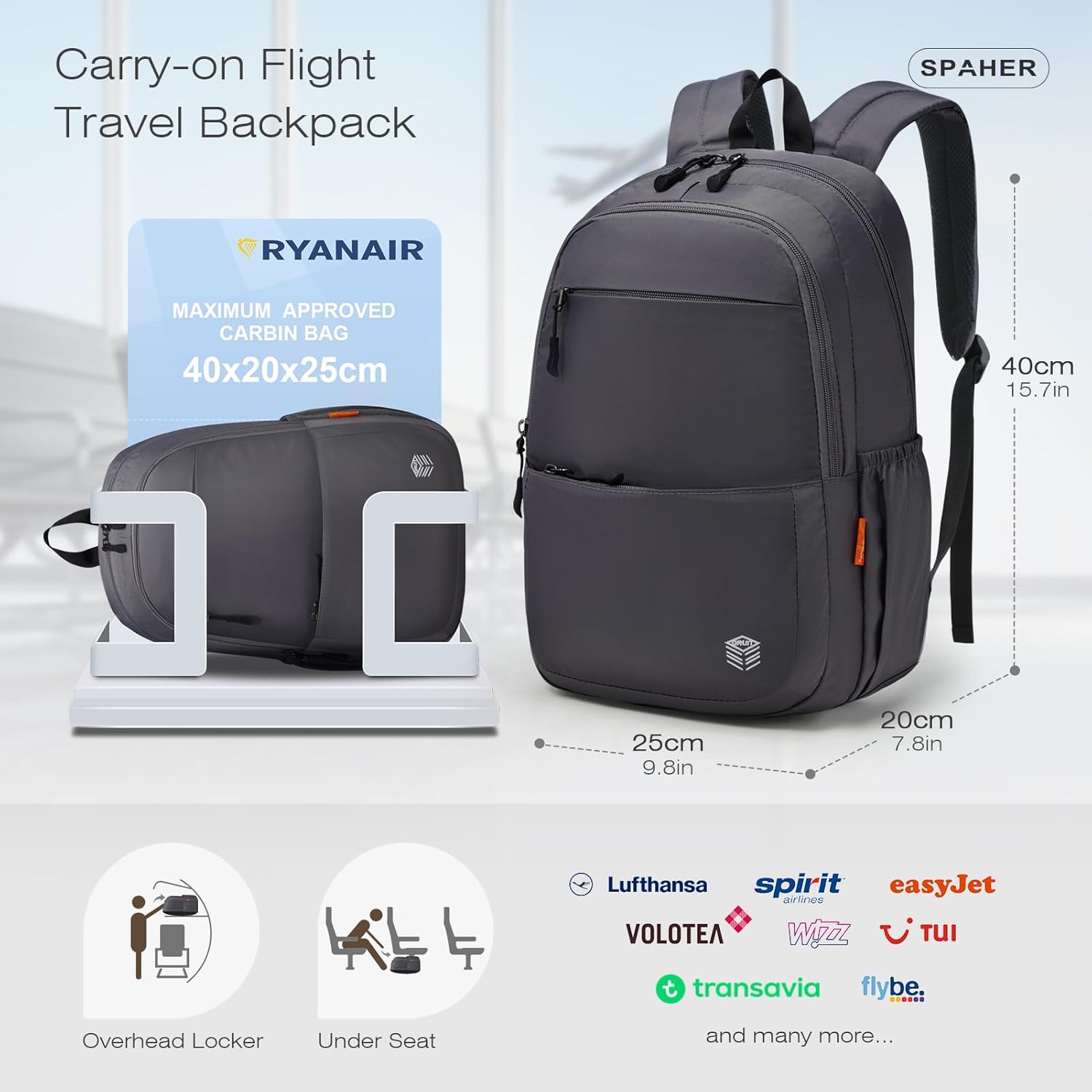 Detalle de SPAHER Ryanair 40x20x25 Cabin Bag Underseat Foldable Backpack 20L