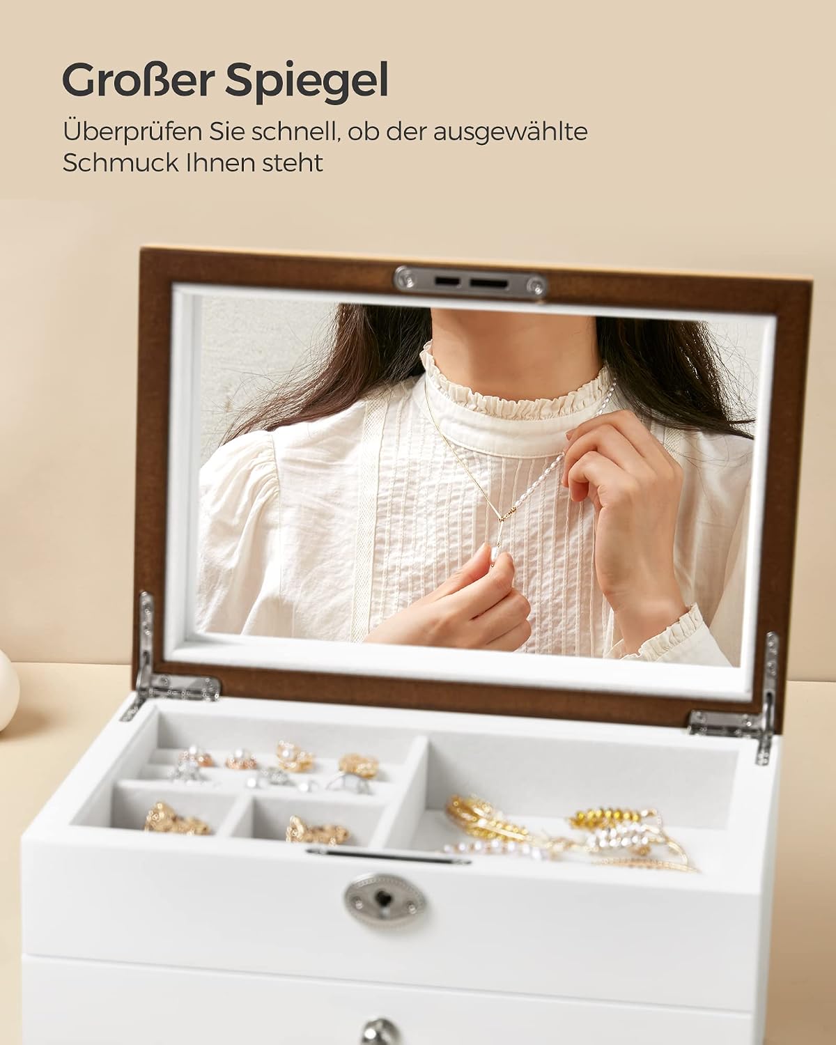 Detalle de SONGMICS Schmuckkästchen JOW15WN mit großem Spiegel, 3 Ebenen und 2 Schubladen, abschließbar (weiß-holzfarben)