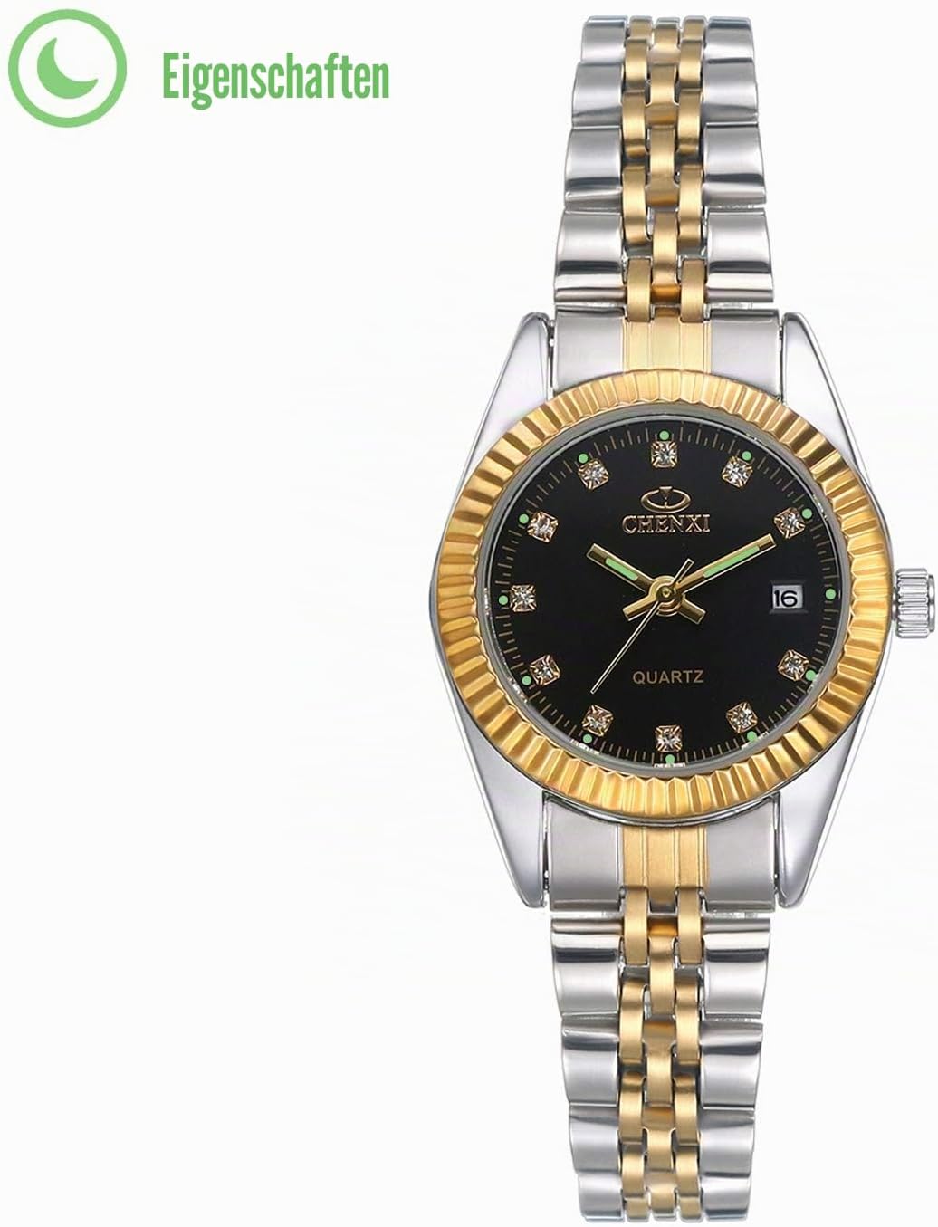 Detalle de JewelryWe Paar Uhr Analog Quarz Kalender 30M Wasserdicht – Edelstahl, Strass, Geschenkbox