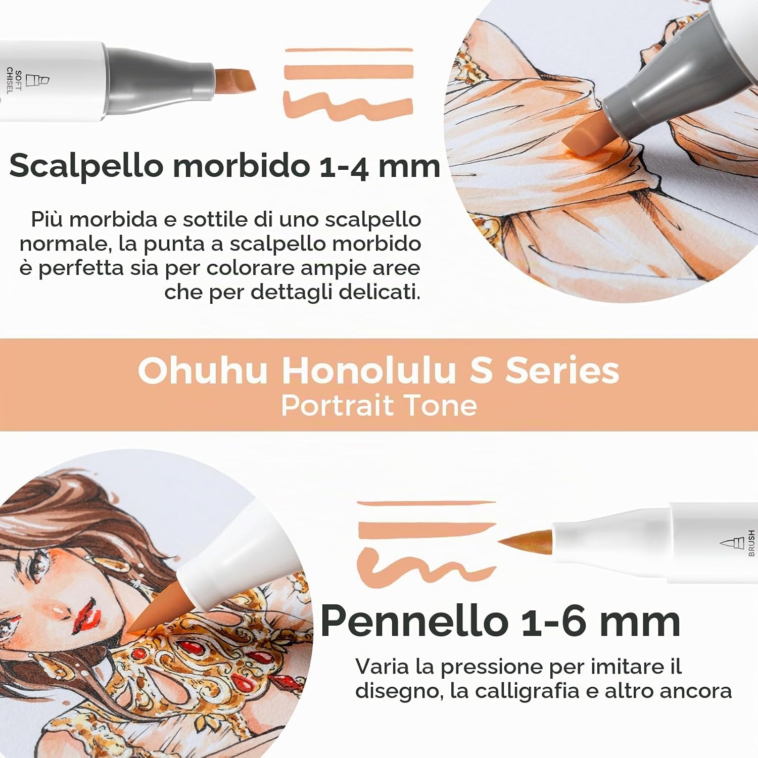 Thumbnail 2 de Ohuhu Markers Honolulu Serie S: 24+1 colori con pennello e scalpello morbido, ricaricabili
